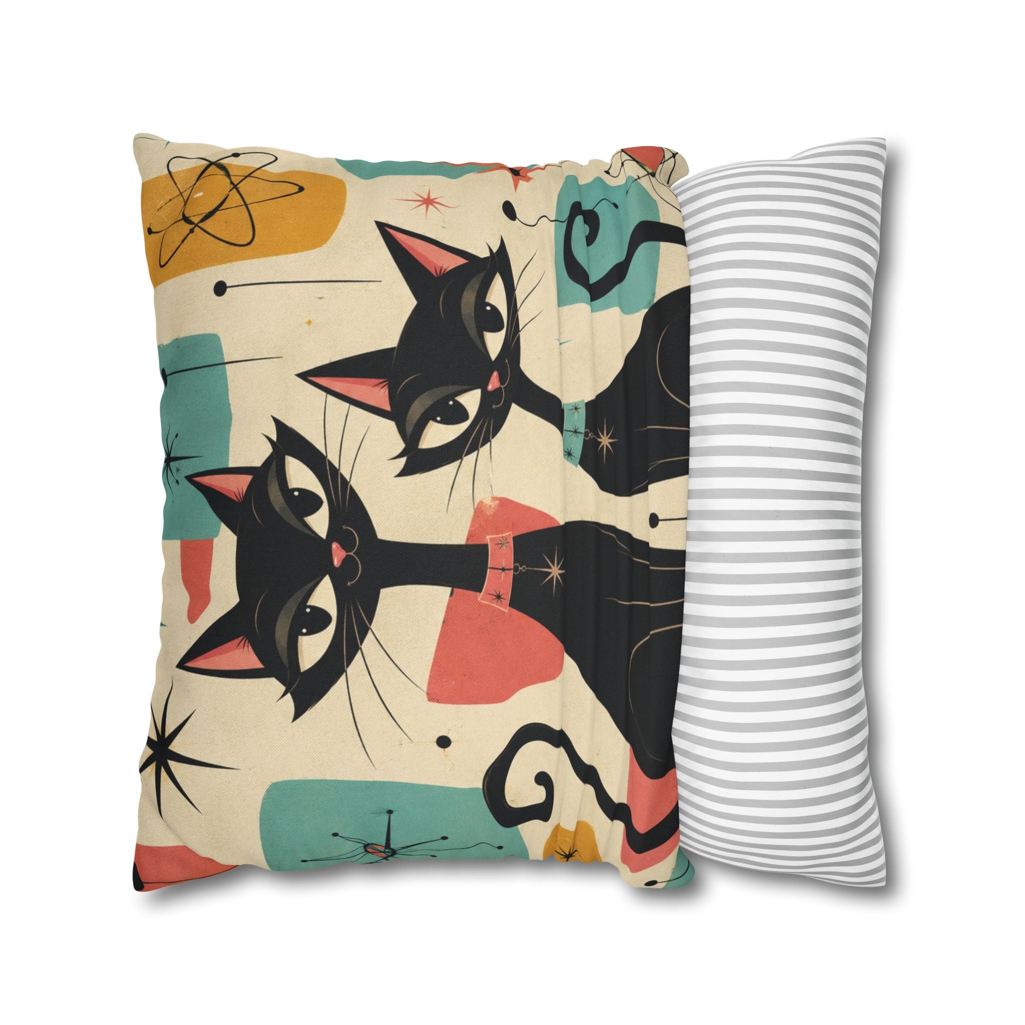Mid Century Retro Atomic Black Cats Pillowcase | Spun Polyester Square Pillowcase - COVER ONLY
