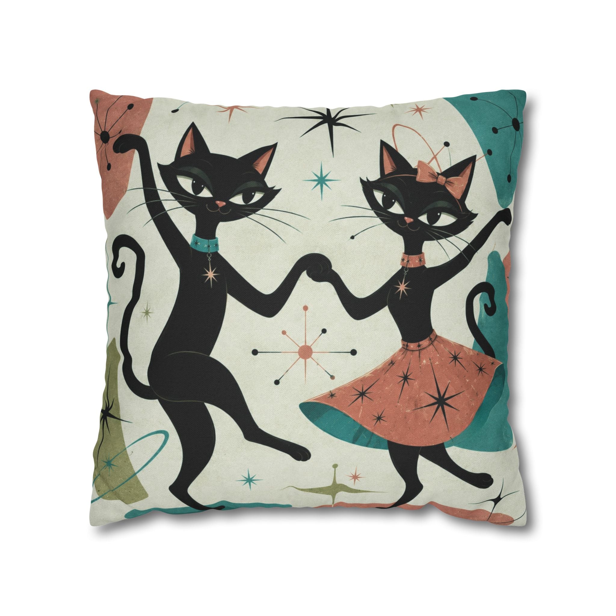 Dancing Retro Atomic Black Cats Pillowcase | Square Throw Pillowcase - COVER ONLY