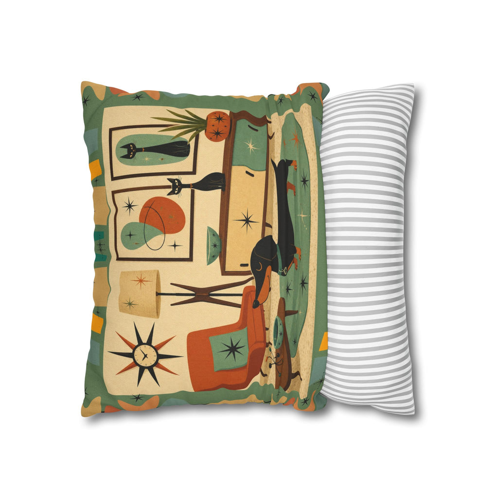 Mid-Century Living Room Dachshund Pillowcase | Square Pillowcase - COVER ONLY