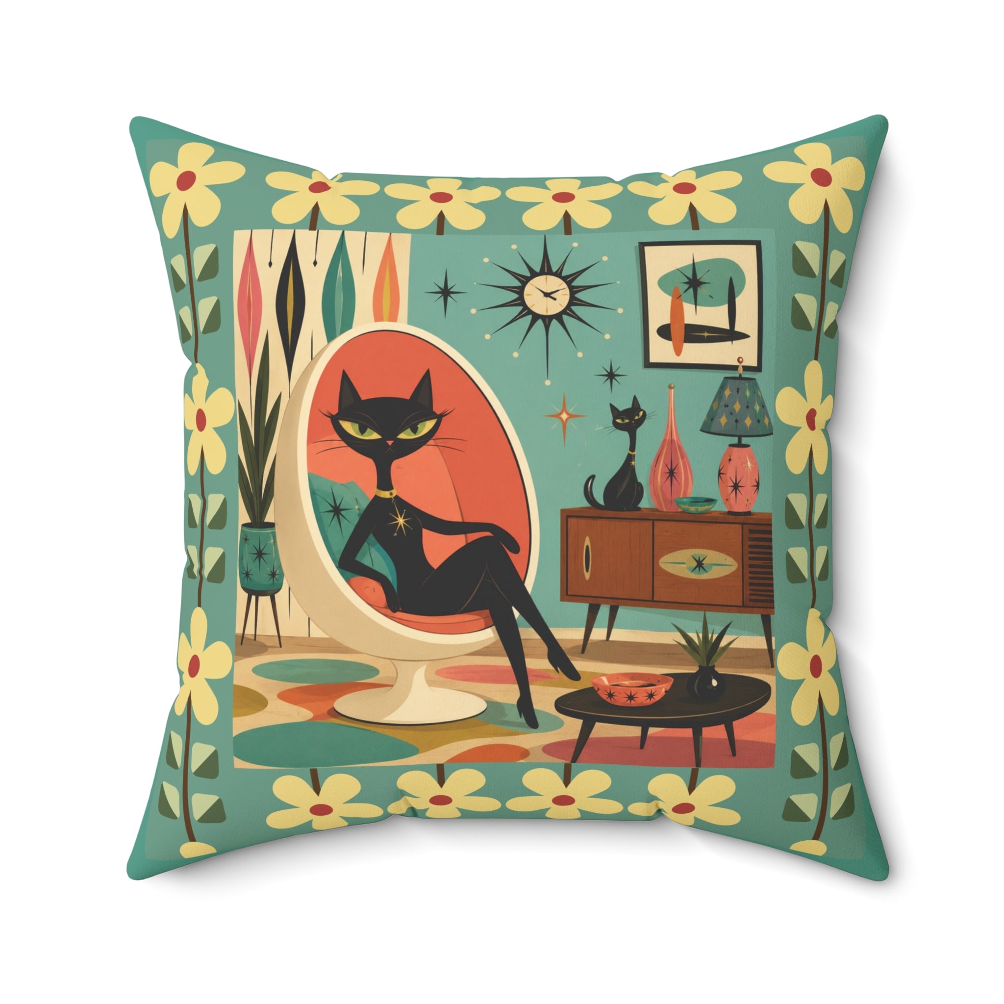 Mid Century Retro Atomic Black Cat in Egg chair Pillow | 1950s Vintage Living Room Decor