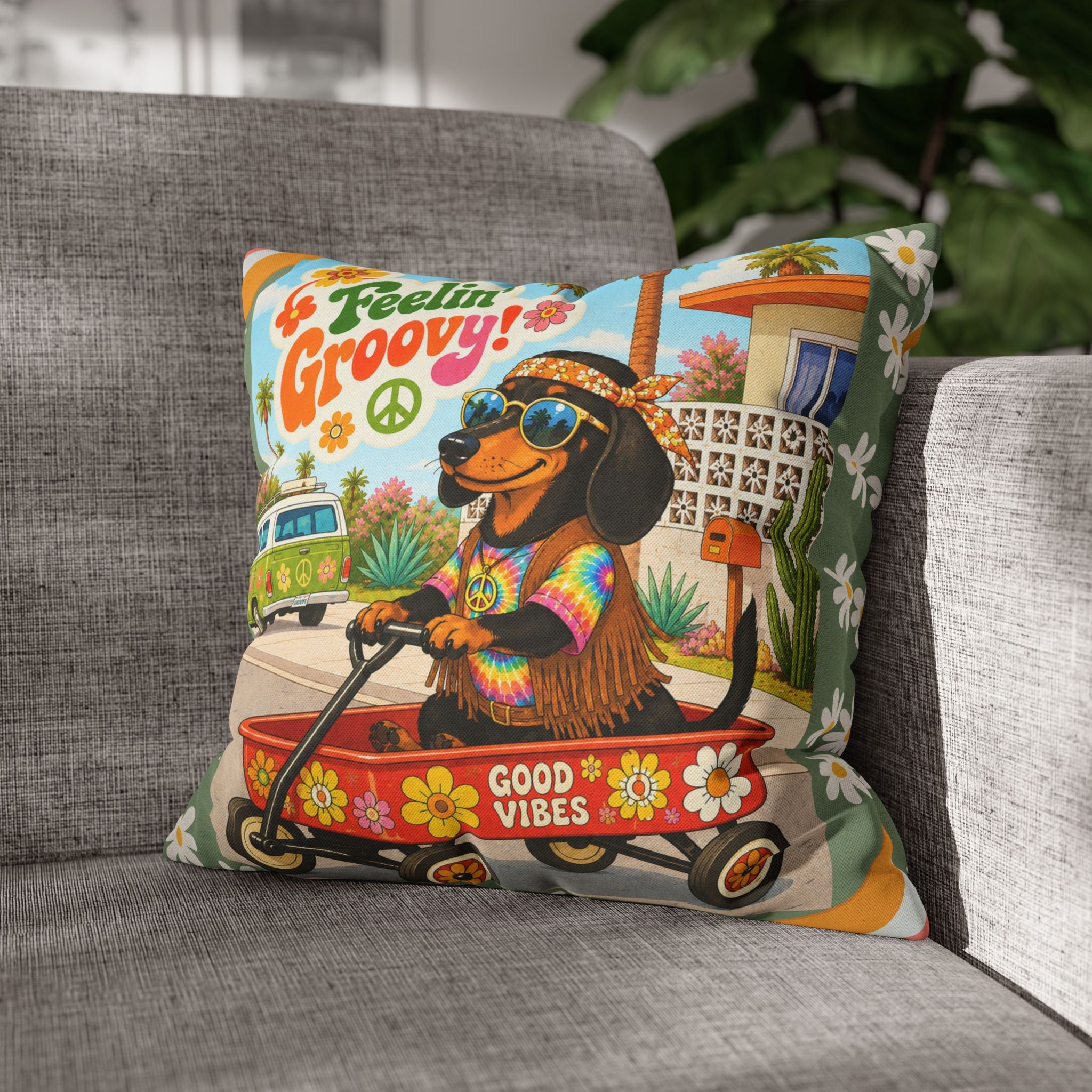 Feelin' Groovy retro Dachshund Pillowcase | 60s 70s pattern Square Decorative Pillow