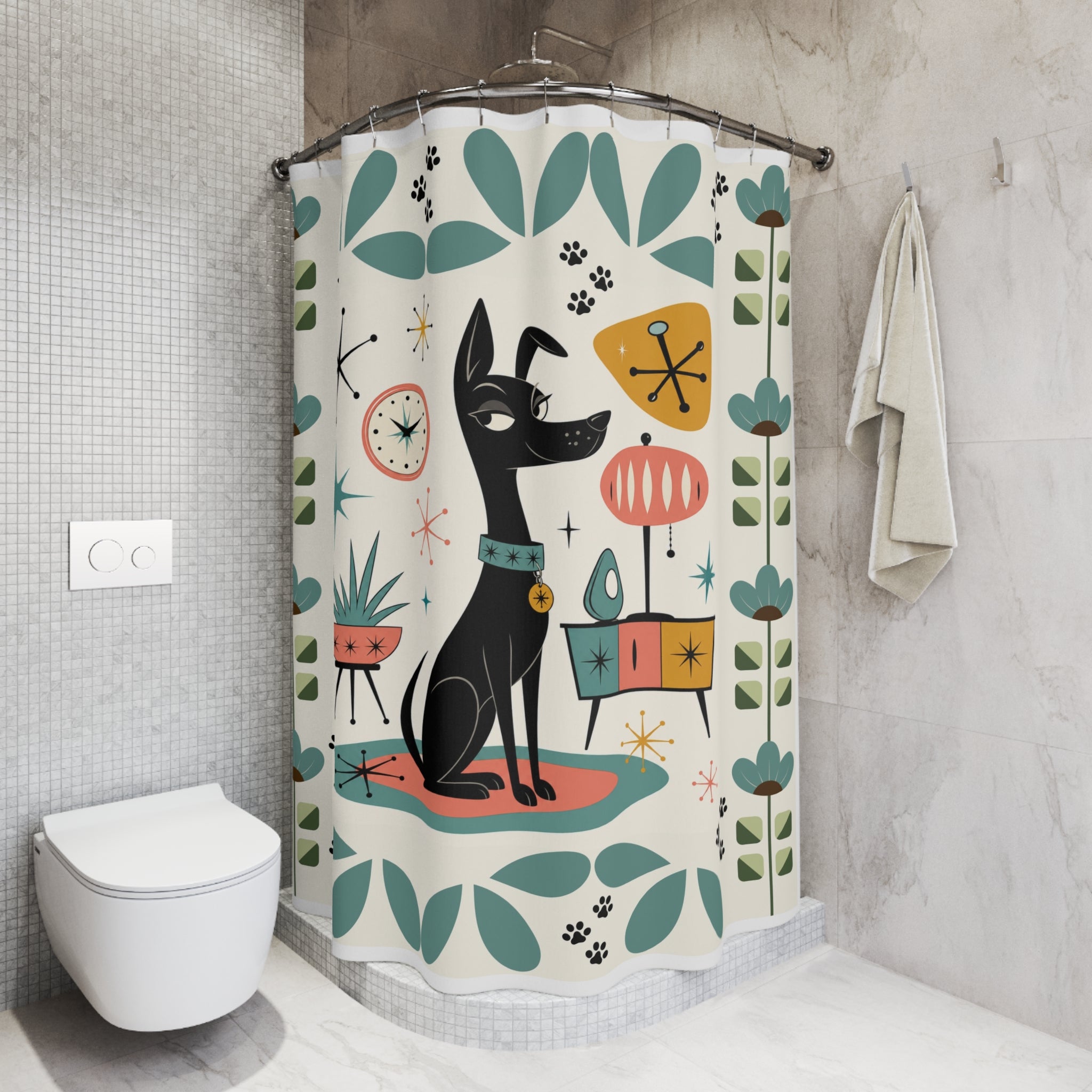 Mid Century Black Dog Shower Curtain | Retro Atomic Floral Shower Curtain