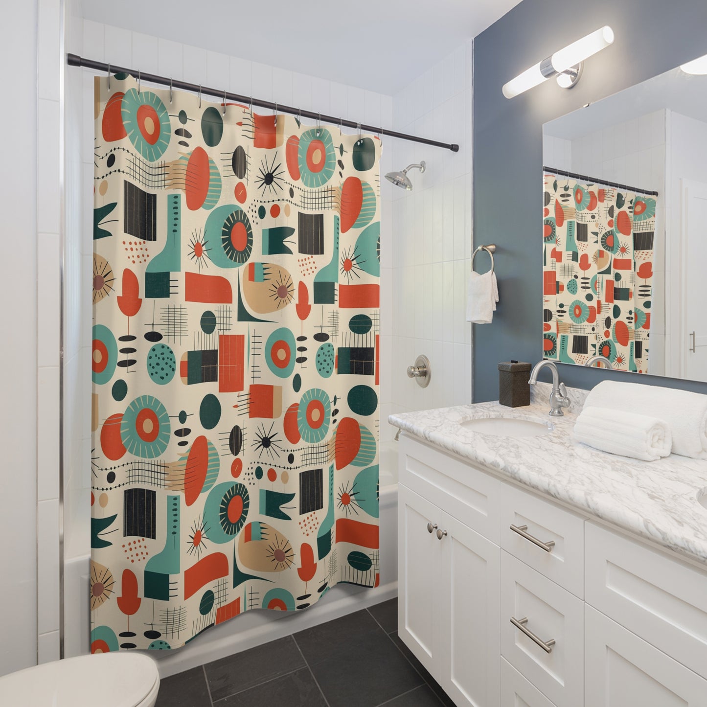 Mid Century Modern geometric shapes Shower Curtain, MCM bathroom decor, bathtub stall curtain