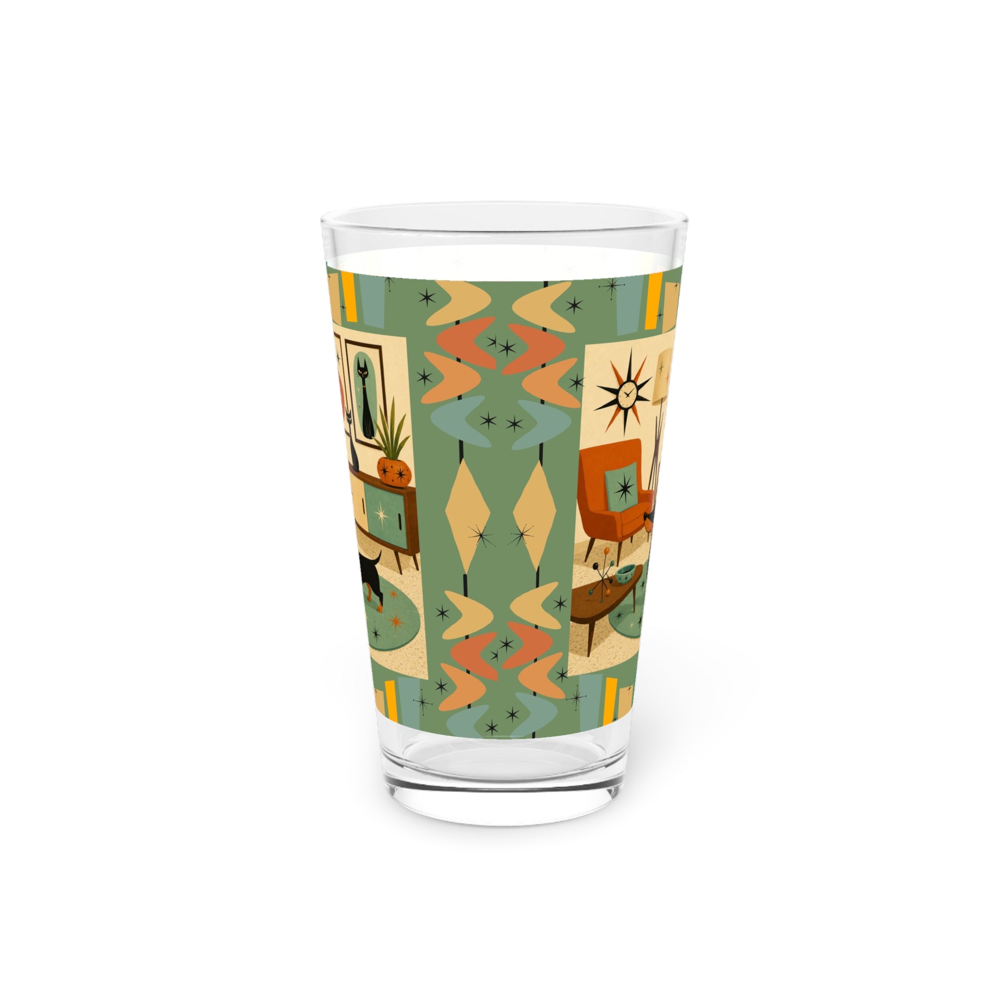 Mid Century Living Room Dachshund Pint Glass | 16oz - Retro kitchen and barware