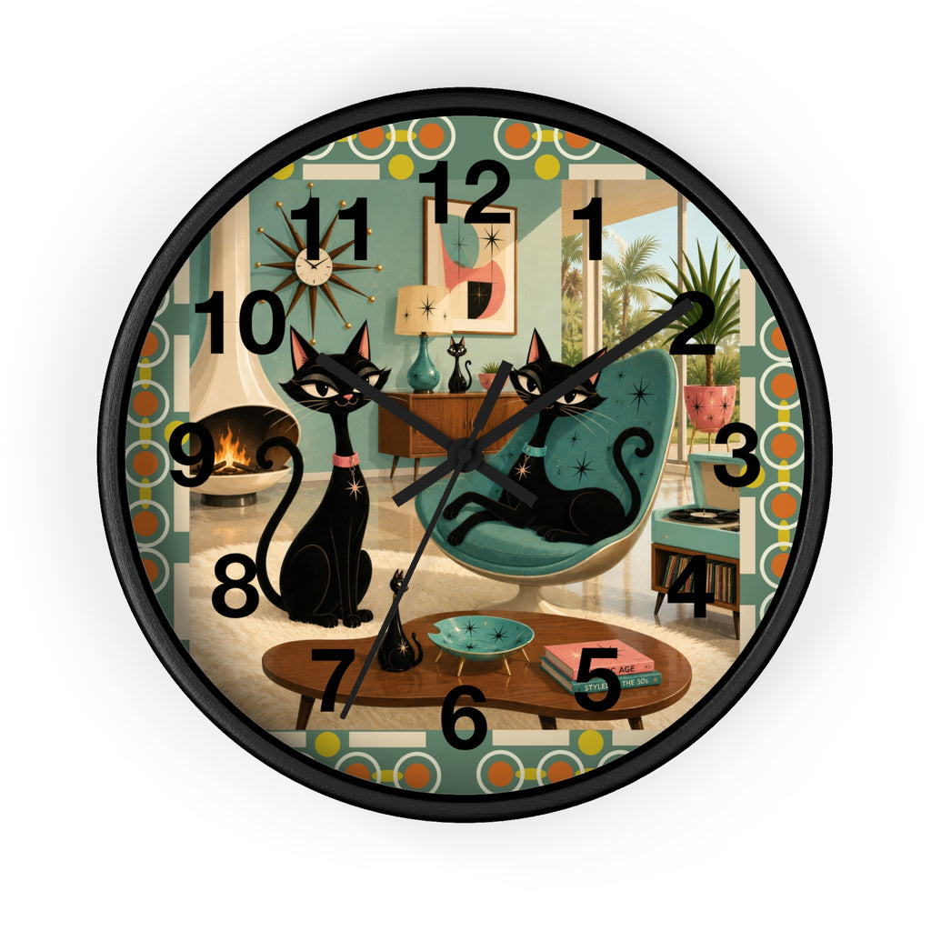 Mid Century Atomic Black Cats Wall Clock | Retro Living Room Decor