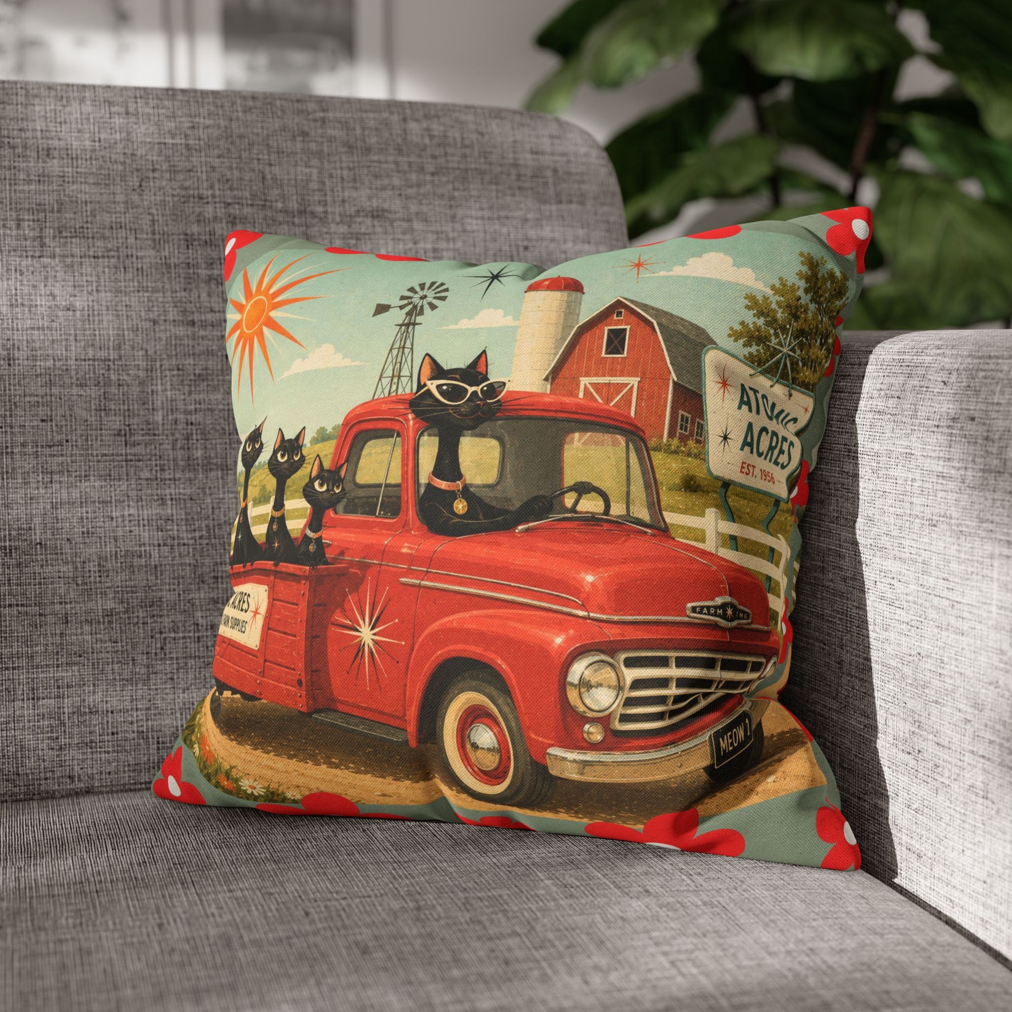 Retro Red Truck with Atomic Black Cats and kittens Pillowcase | MCM Square Pillowcase - COVER ONLY