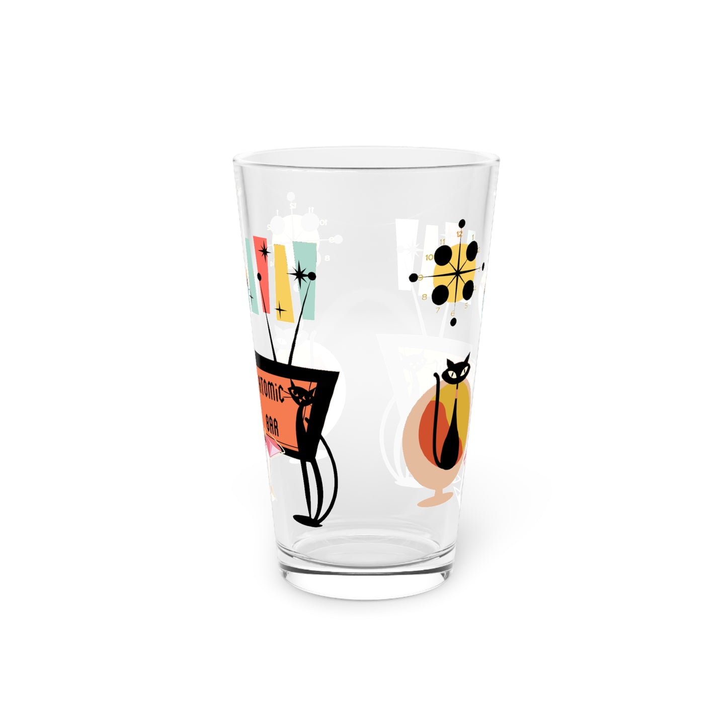 Atomic Bar retro cat Pint Glass, 16oz, retro party glasses, Mid Century barware, cocktail, beer, juice drinking glass,( PRICE PER GLASS)