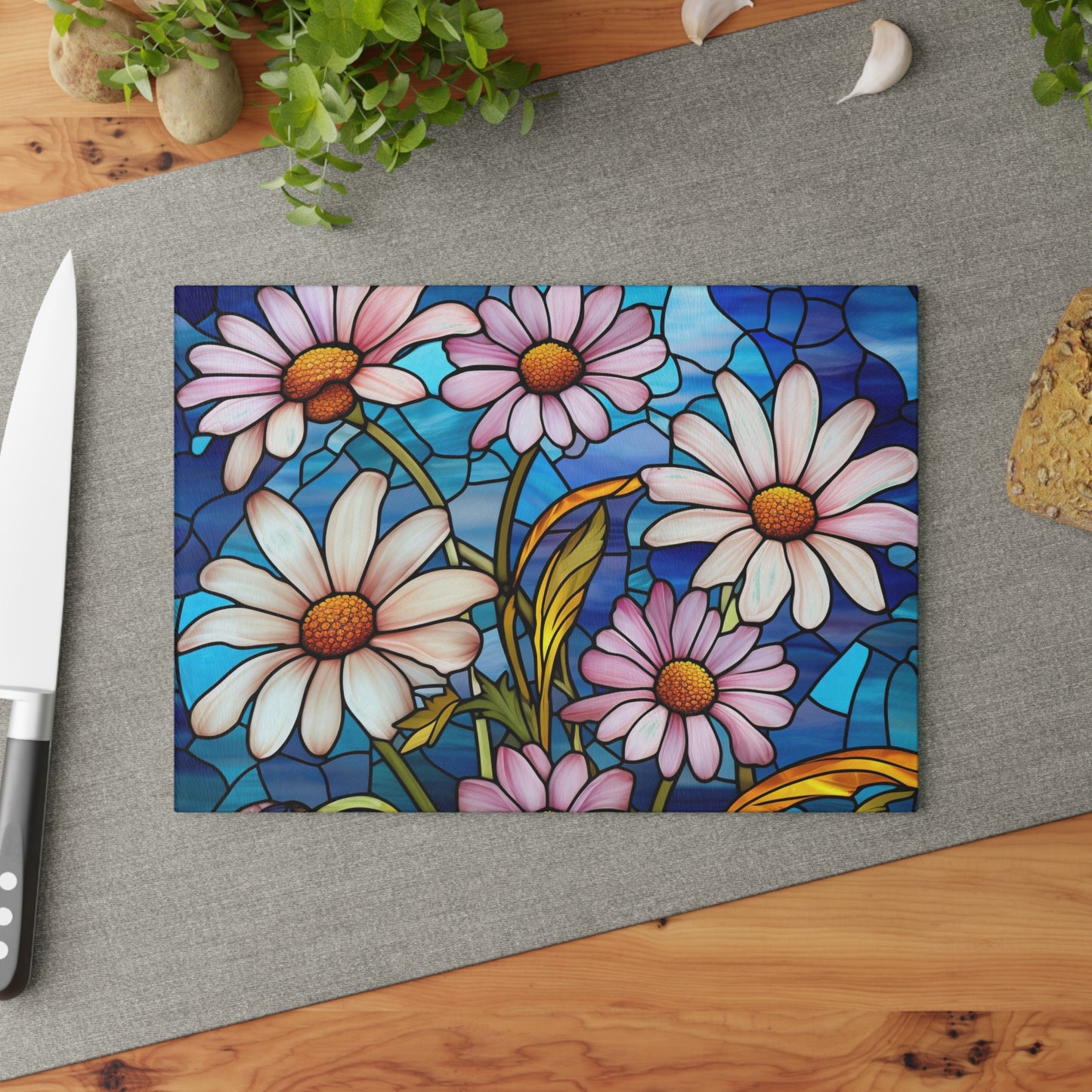 Dazzling Daisy Delight: Stained Glass-inspired Glass Cutting Board for Artful Kitchen Creations