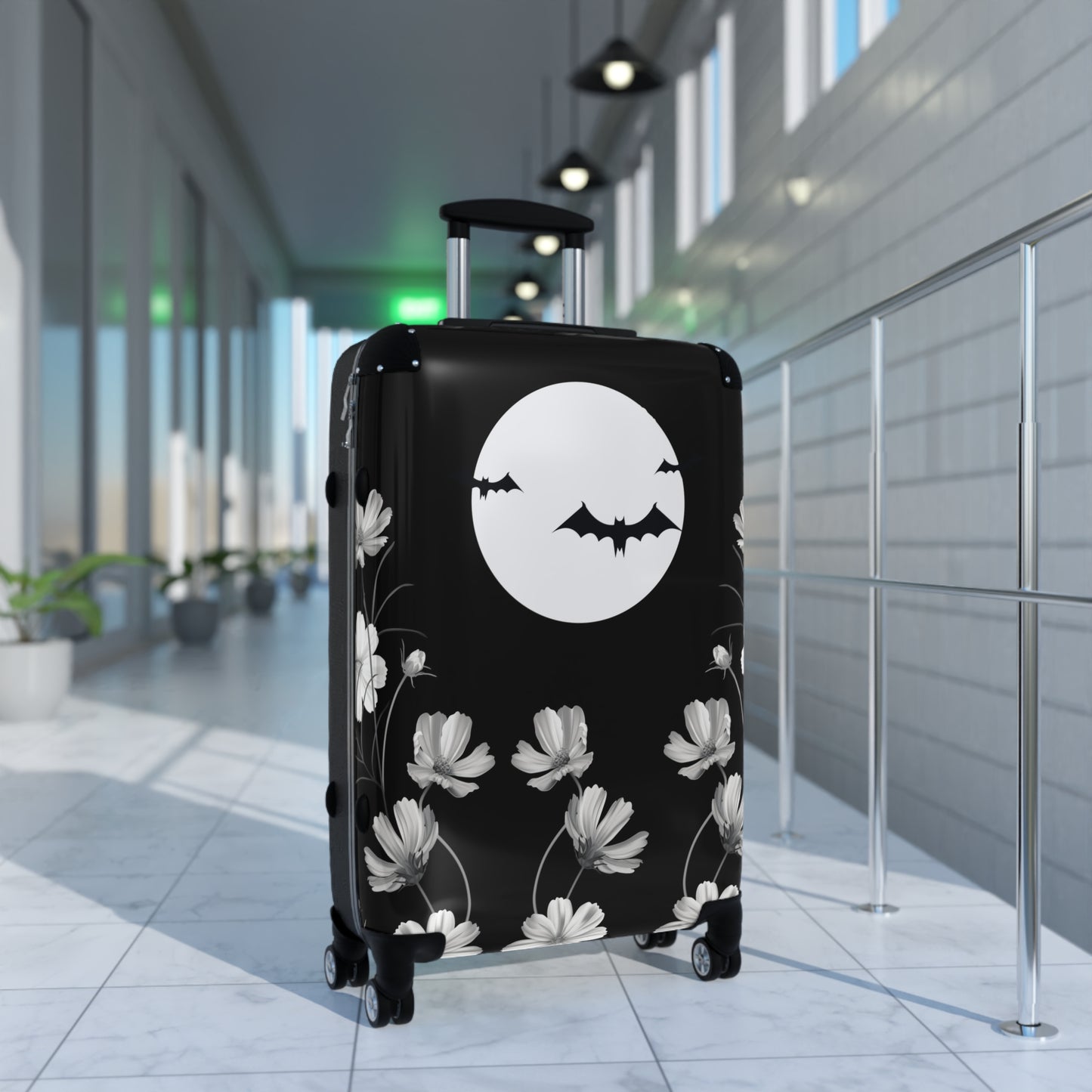 Gothic Suitcase on wheels, halloween theme, travel luggage, bats, floral carry on bag, secure lockable suitcase, holiday case