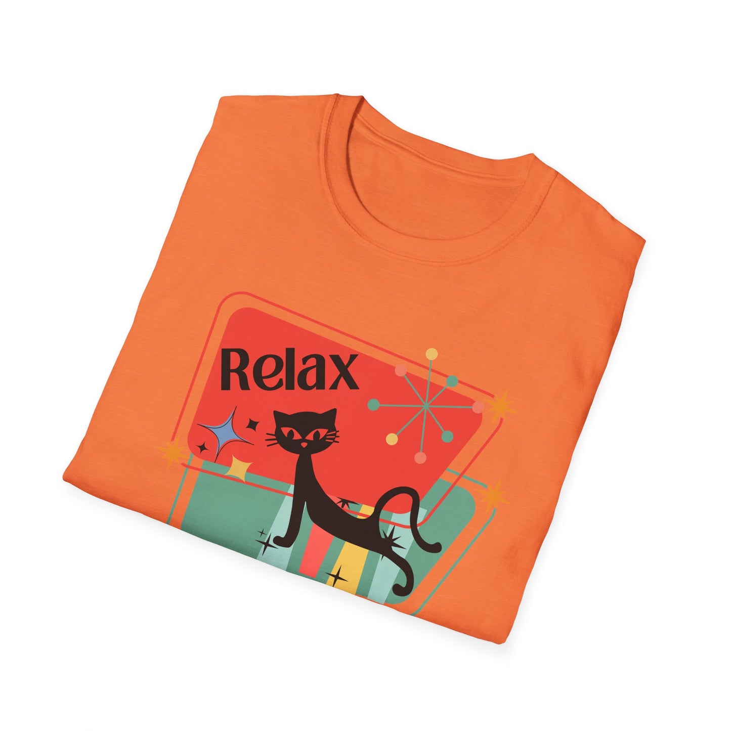 Atomic cat "Relax"retro Unisex Softstyle T-Shirt, mid century modern, black cat lover gift, cute cat shirt, yoga shirt, holiday shirt