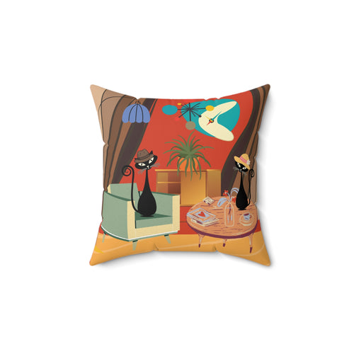 Atomic cat MCM Spun Polyester Square Pillow, retro scatter throw cushion, Mid Century Modern, black cat lover gift