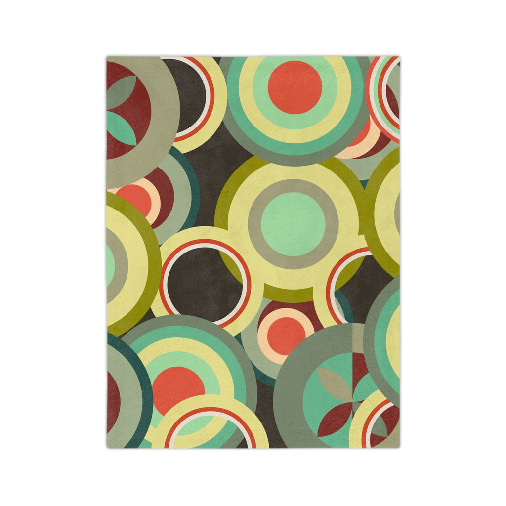 Retro colorful circles Velveteen Microfiber Blanket, Mid Century Modern, MCM throw, bedroom living room decor, geometric shapes bedding