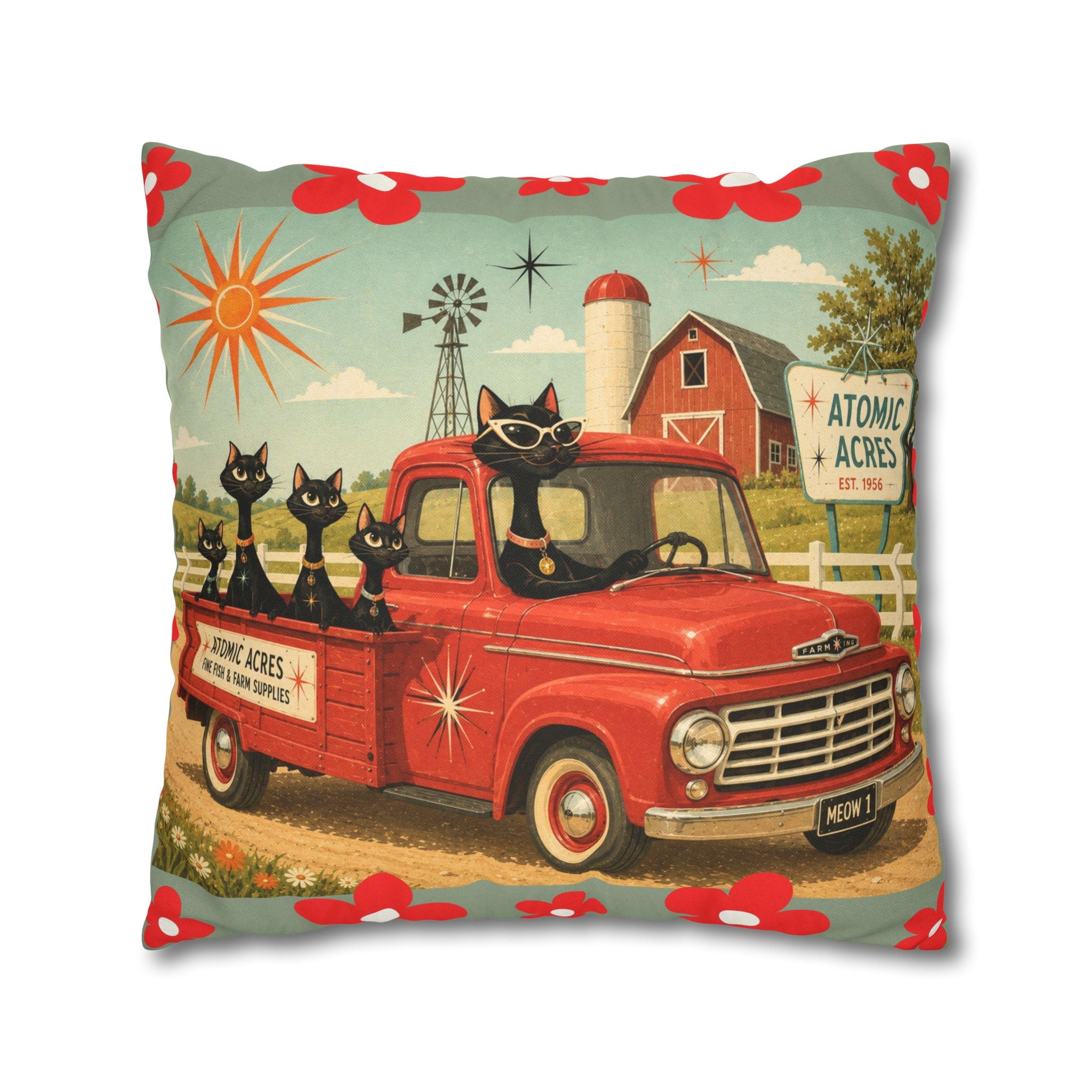 Retro Red Truck with Atomic Black Cats and kittens Pillowcase | MCM Square Pillowcase - COVER ONLY