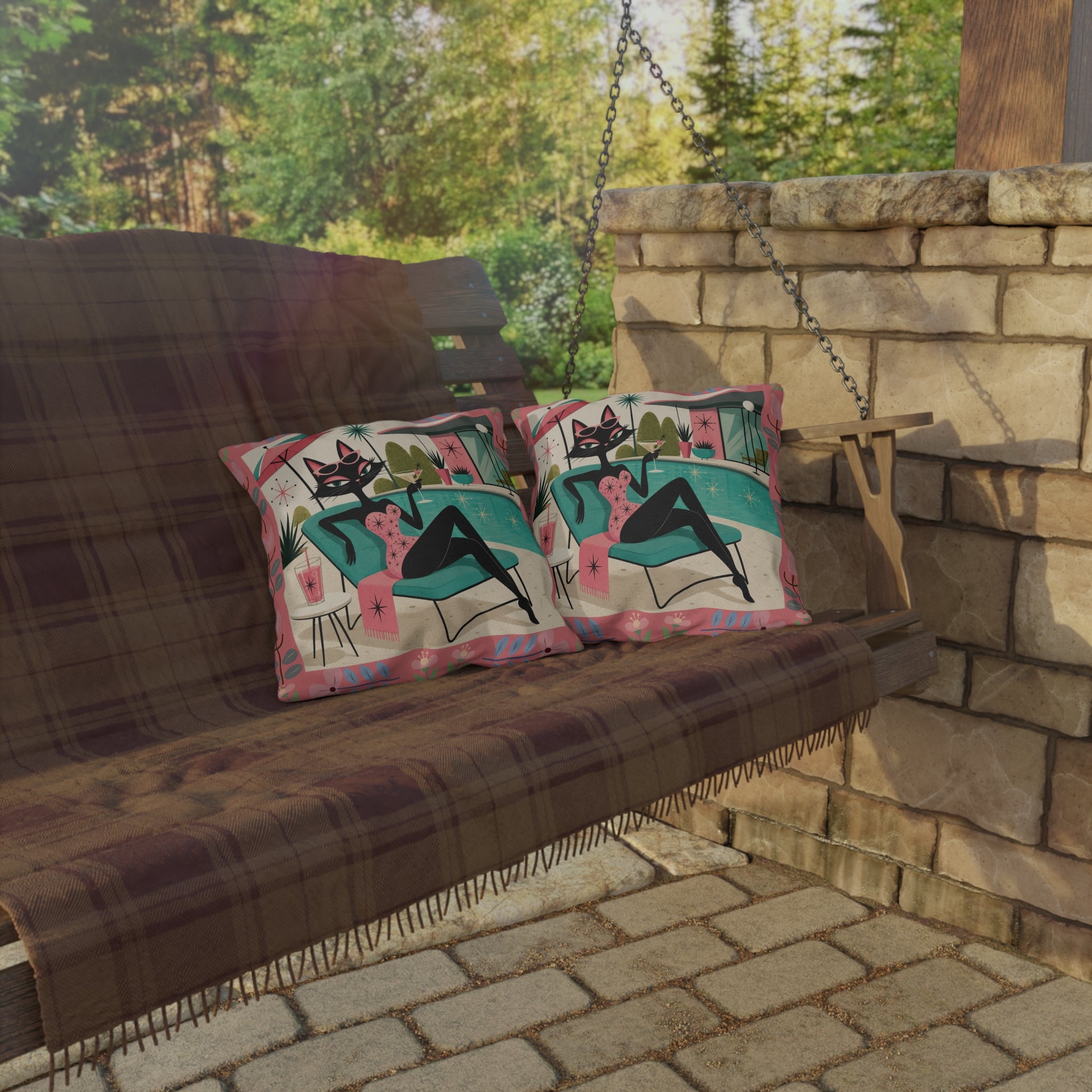 Retro Poolside Cat Outdoor Pillow | Mid Century Modern Cocktail