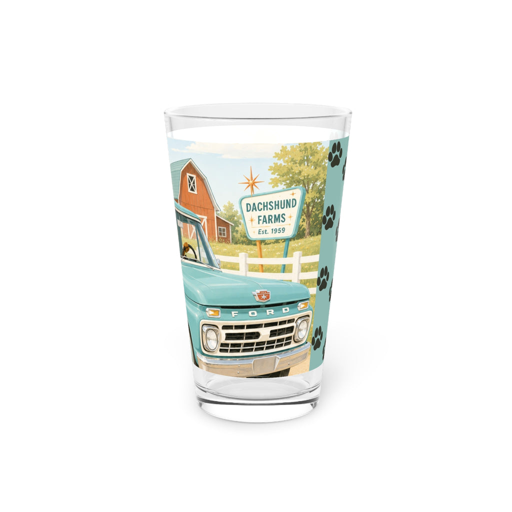 MCM Dachshund Family Road Trip Pint Glass | 16oz Retro Truck Design