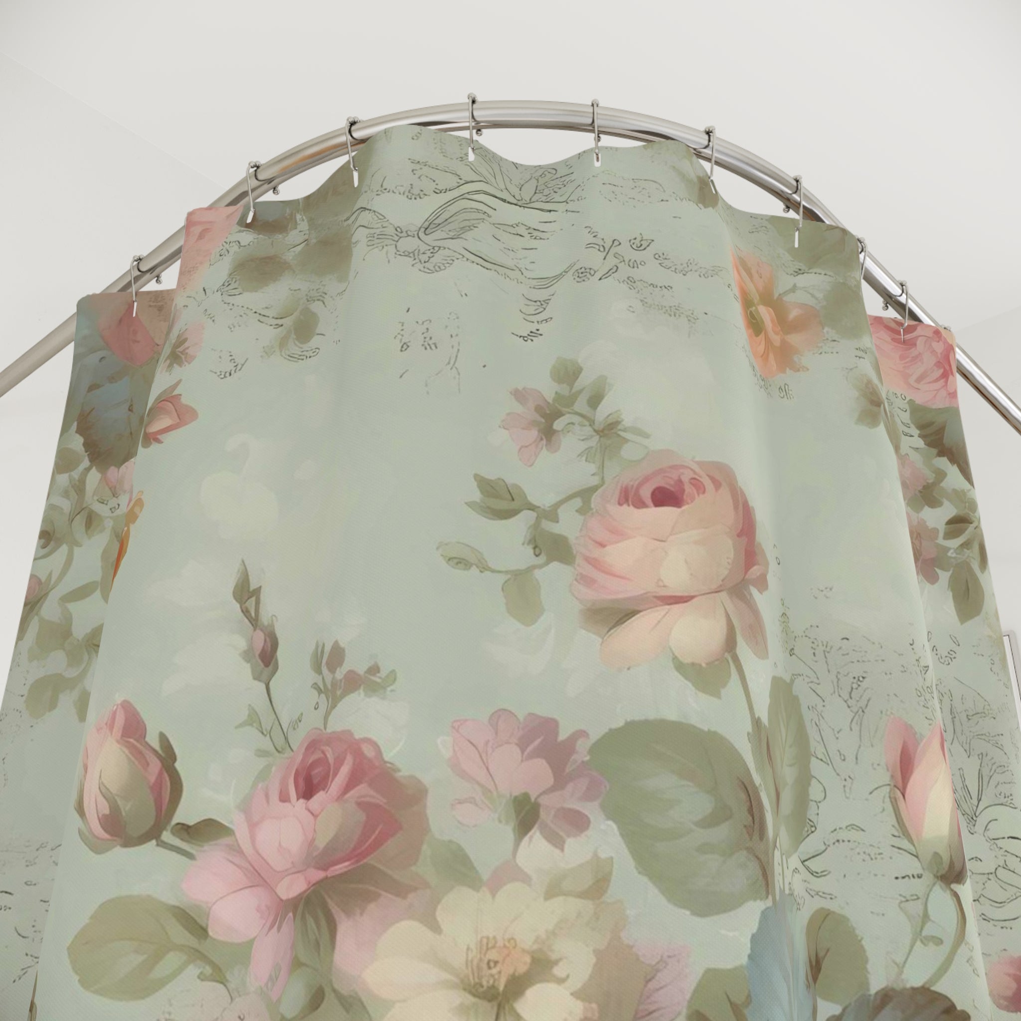Blue with pink roses shabby chic shower curtain, vintage curtains, vintage bathroom decor, country cottage garden