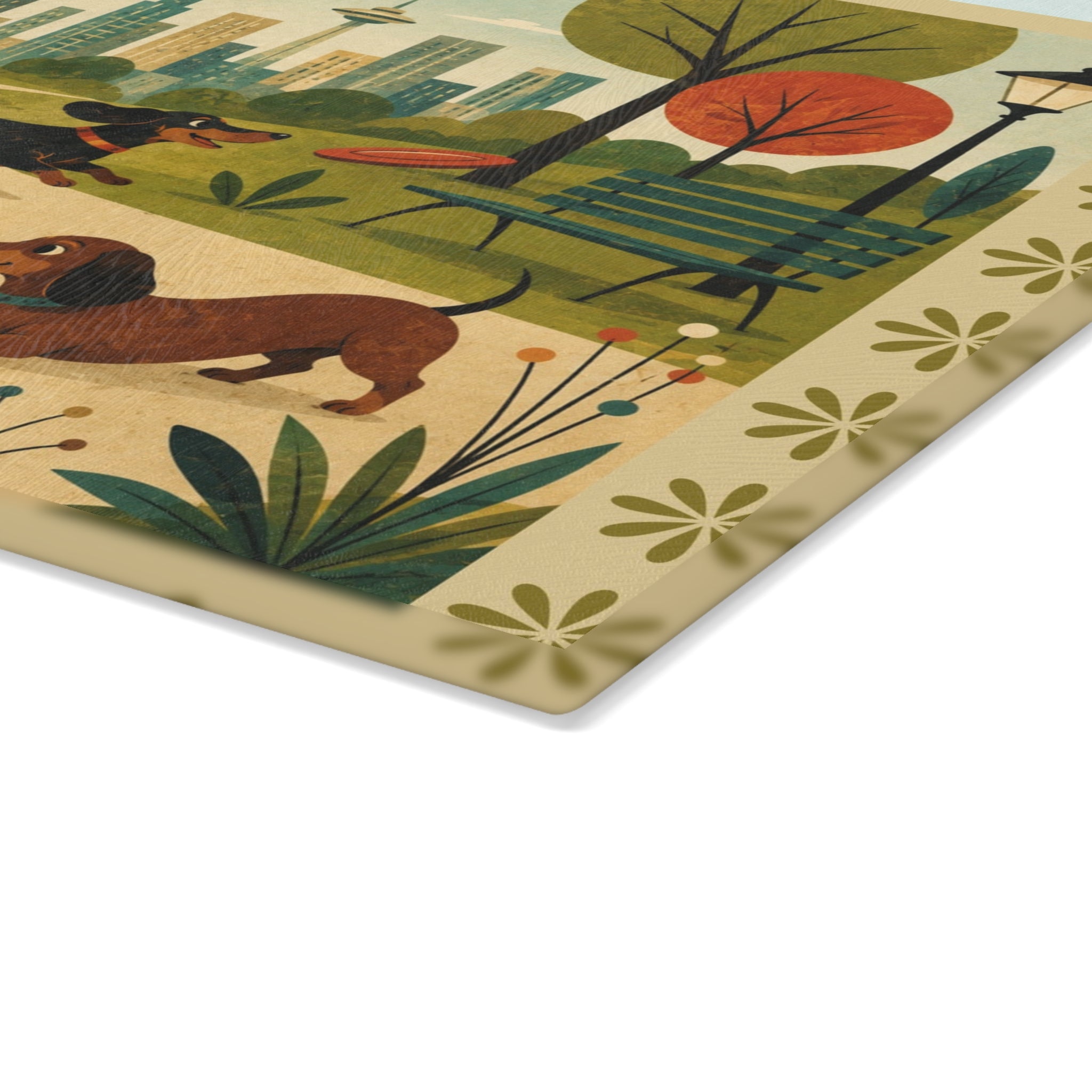 MCM Dachshund Park Scene Glass Cutting Board | Sausage Dog Illustration