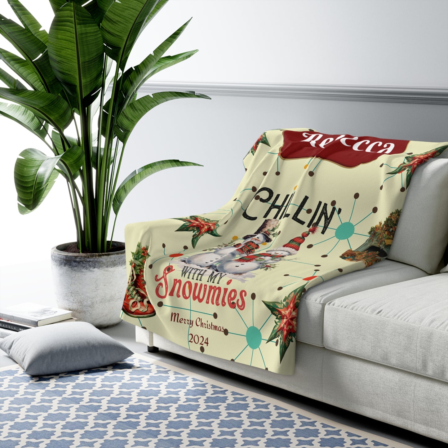 Personalized Christmas "Chillin with my Snowmies Sherpa Fleece Blanket, retro xmas decor, snuggle rug, holiday season, named Christmas gift