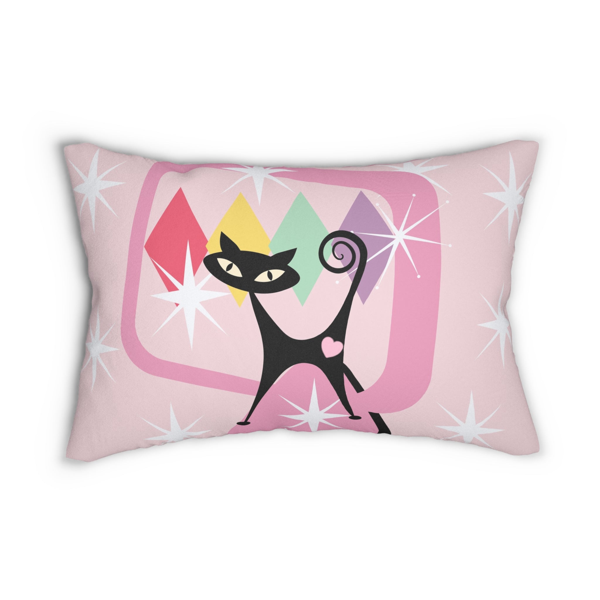 Pink starburst Atomic cat MCM Spun Polyester Lumbar Pillow, retro inspired, kitschy, Mid Century modern, black cat lover gift