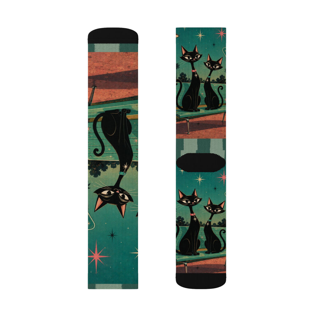 Retro Atomic Black Cats Socks | Teal Night Cat Pattern Sublimation Socks
