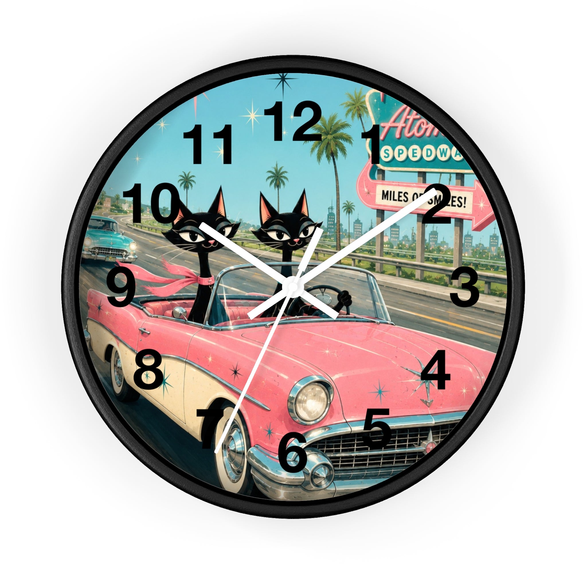 Retro Atomic Cat Roadtrip Wall Clock | Vintage Pink Convertible, Palm Trees