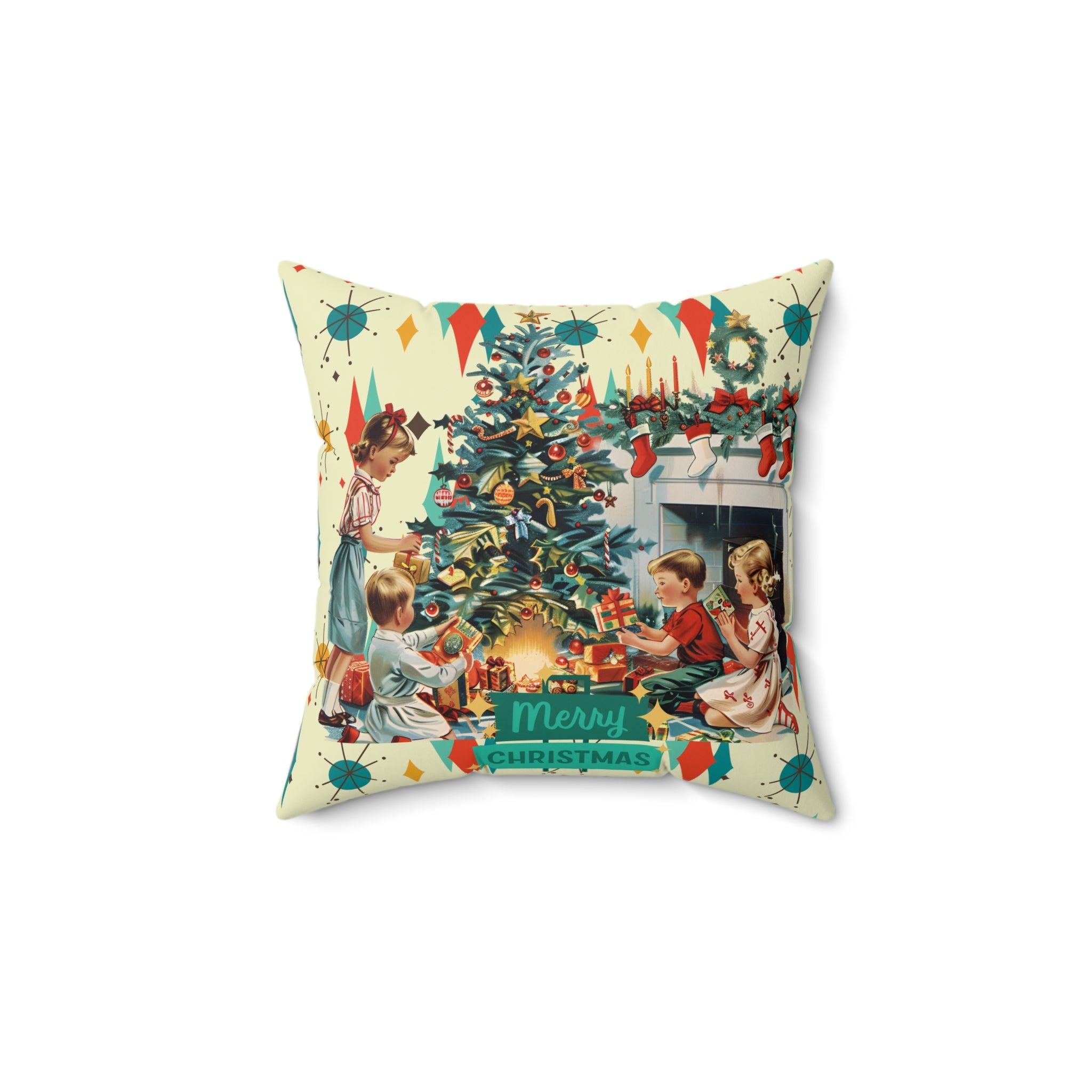 Merry Christmas pillow, Retro Vintage 50s Franciscan Diamond Starburst Kitsch Christmas Card Art Pillow, Retro Vintage 50s scatter cushion