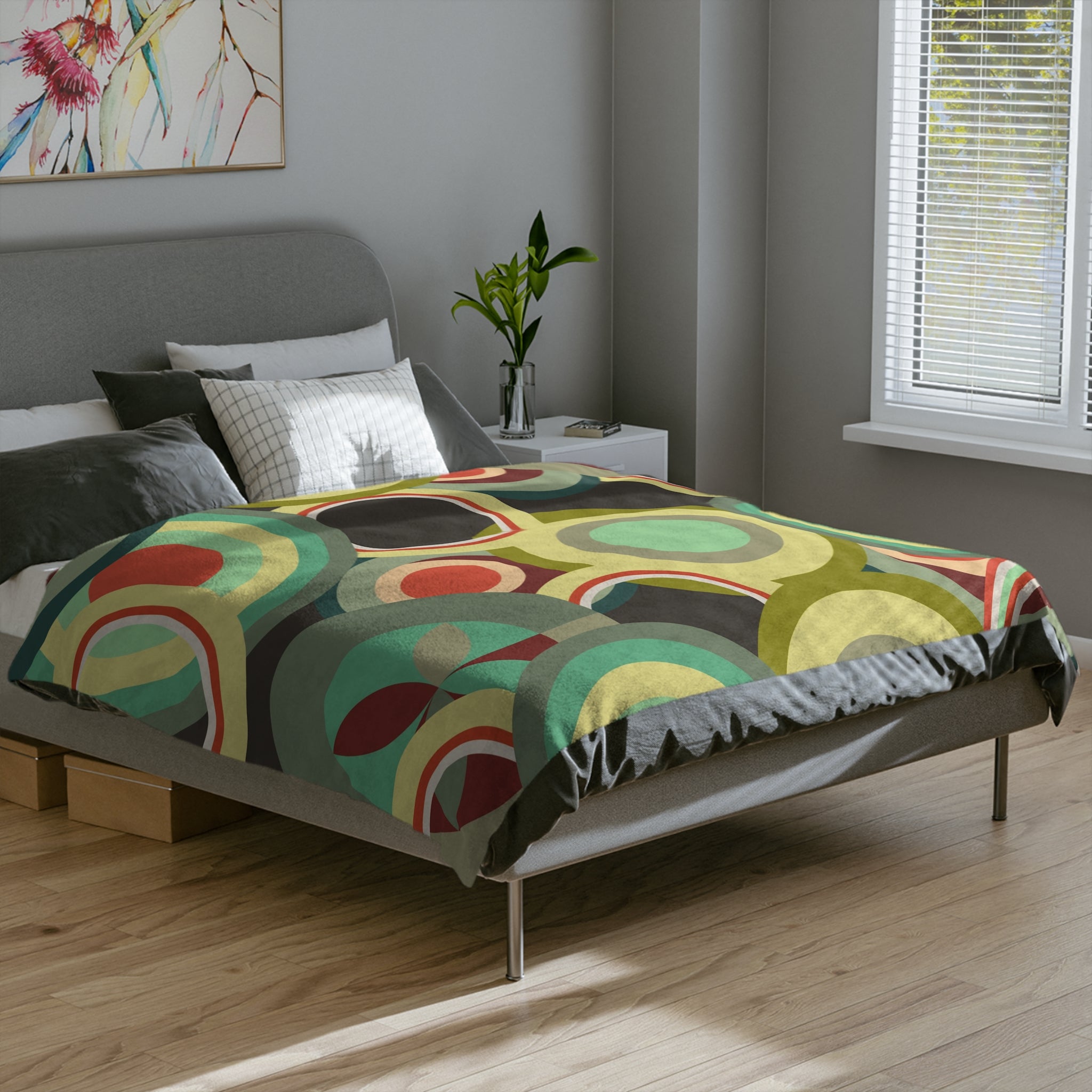 Retro colorful circles Velveteen Microfiber Blanket, Mid Century Modern, MCM throw, bedroom living room decor, geometric shapes bedding