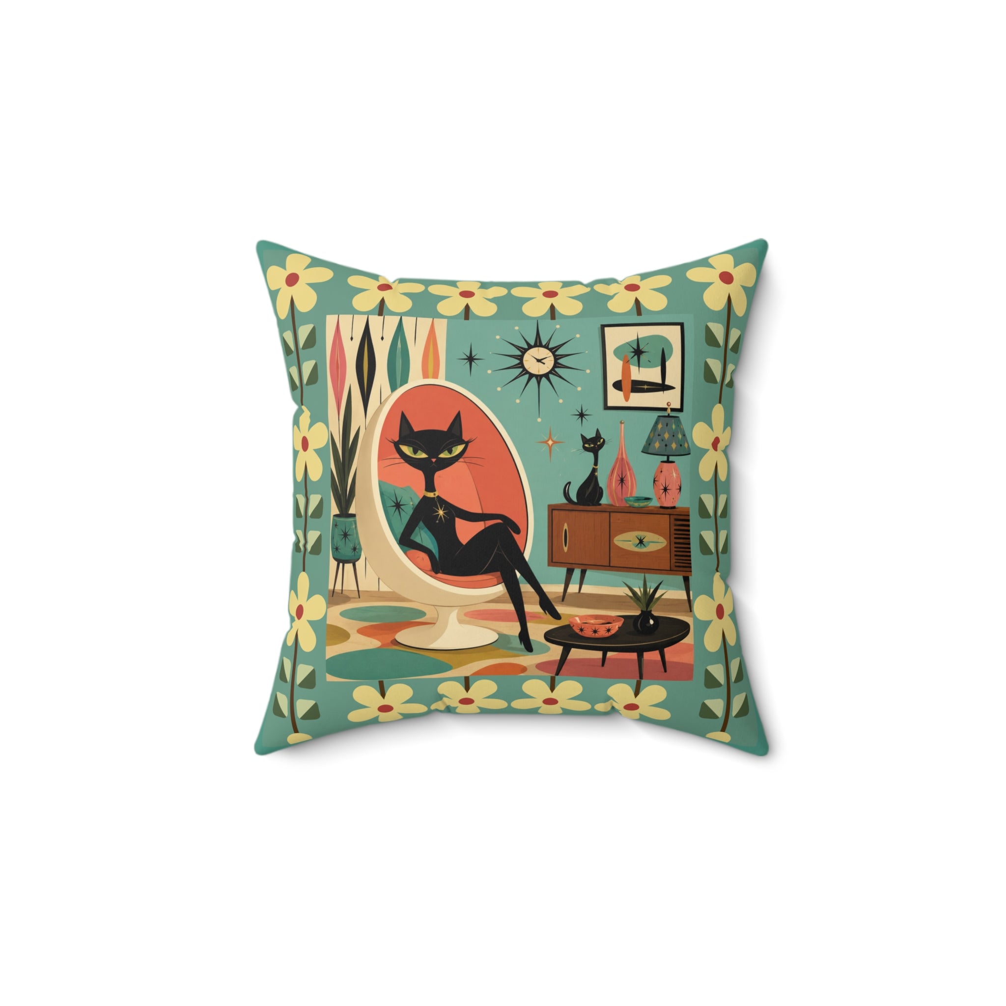 Mid Century Retro Atomic Black Cat in Egg chair Pillow | 1950s Vintage Living Room Decor