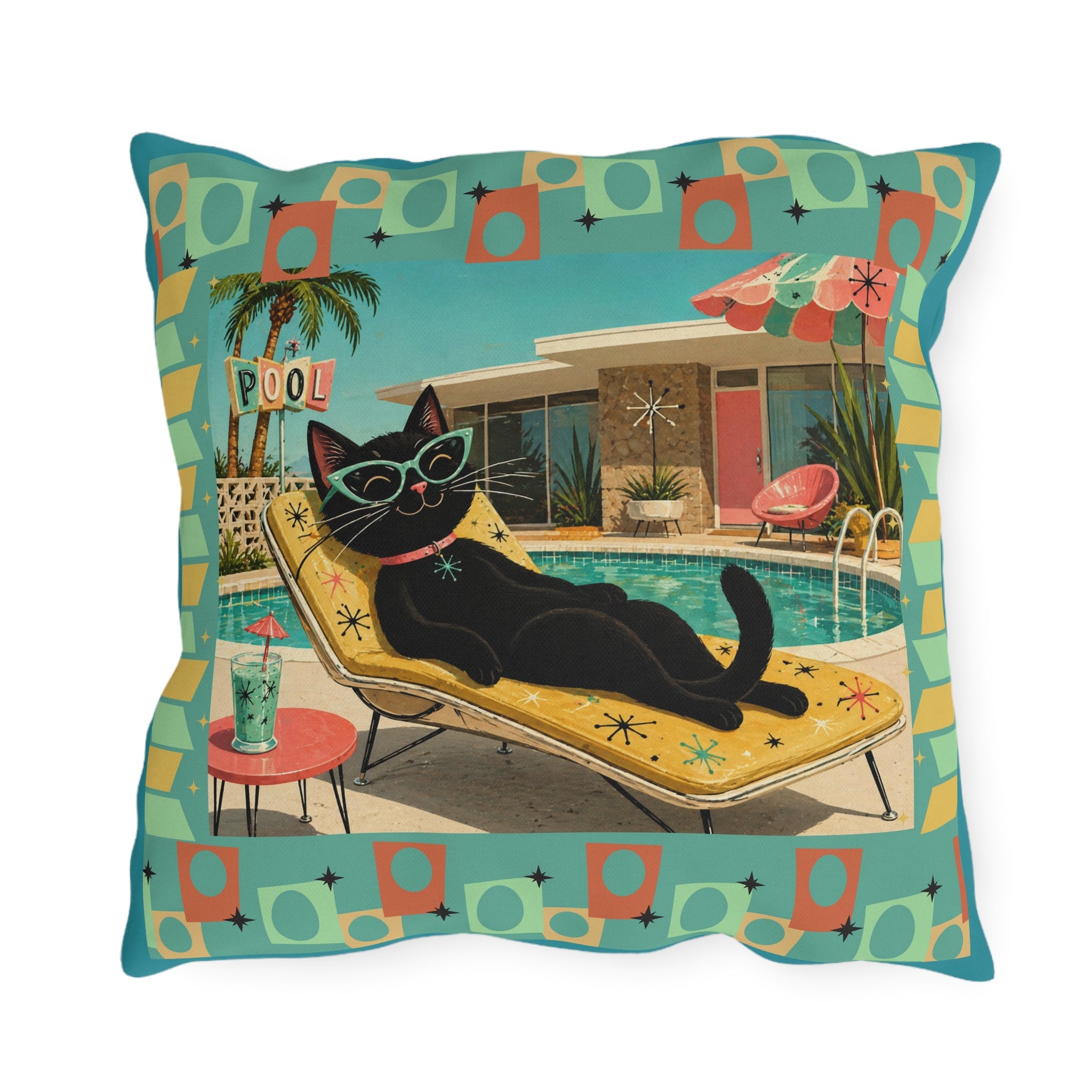 Retro Black Cat Poolside Outdoor Pillow | Mid Century Modern Patio Decor