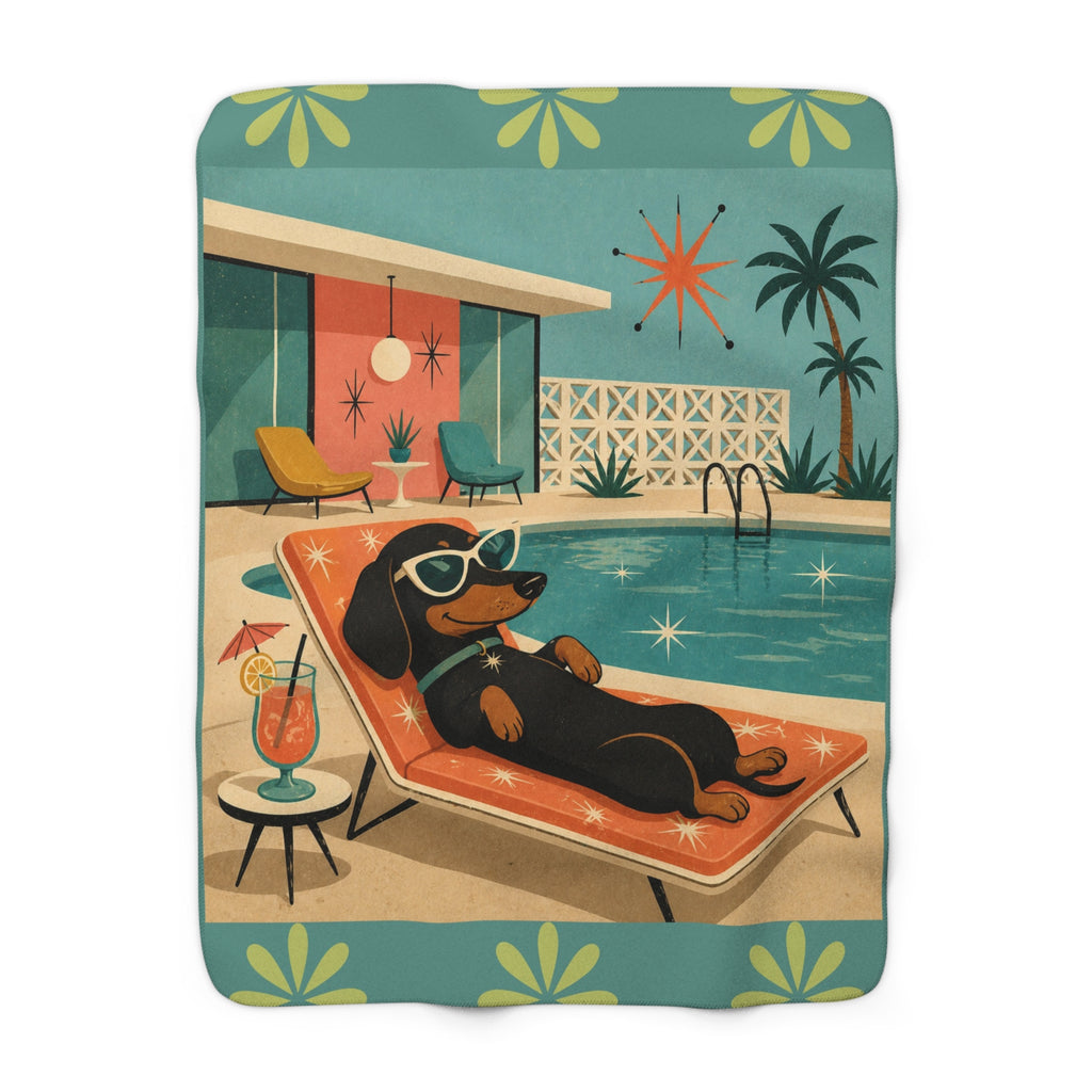 Retro Dachshund Poolside Lounge Sherpa Fleece Blanket | Mid Century Dog Summer
