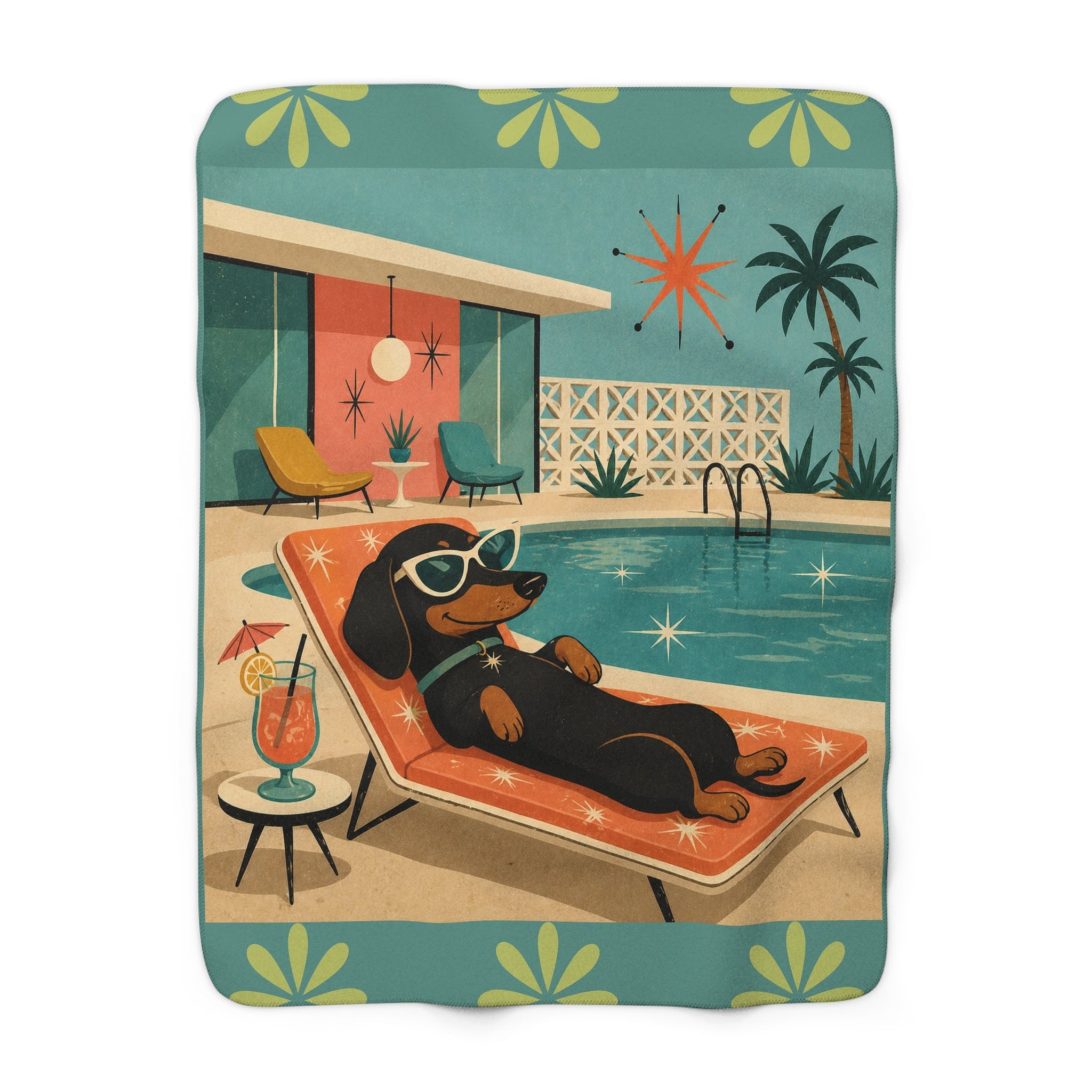 Retro Dachshund Poolside Lounge Sherpa Fleece Blanket | Mid Century Dog Summer