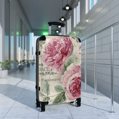 Vintage rose shabby chic style Suitcase on wheels, travel holiday luggage, carry on bag, lockable hard shell case