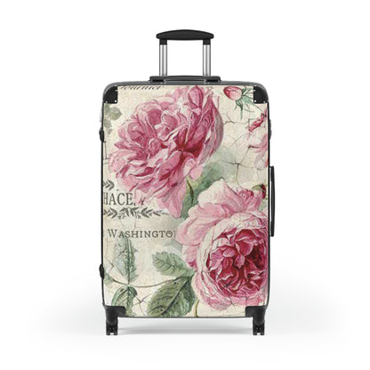 Vintage rose shabby chic style Suitcase on wheels, travel holiday luggage, carry on bag, lockable hard shell case