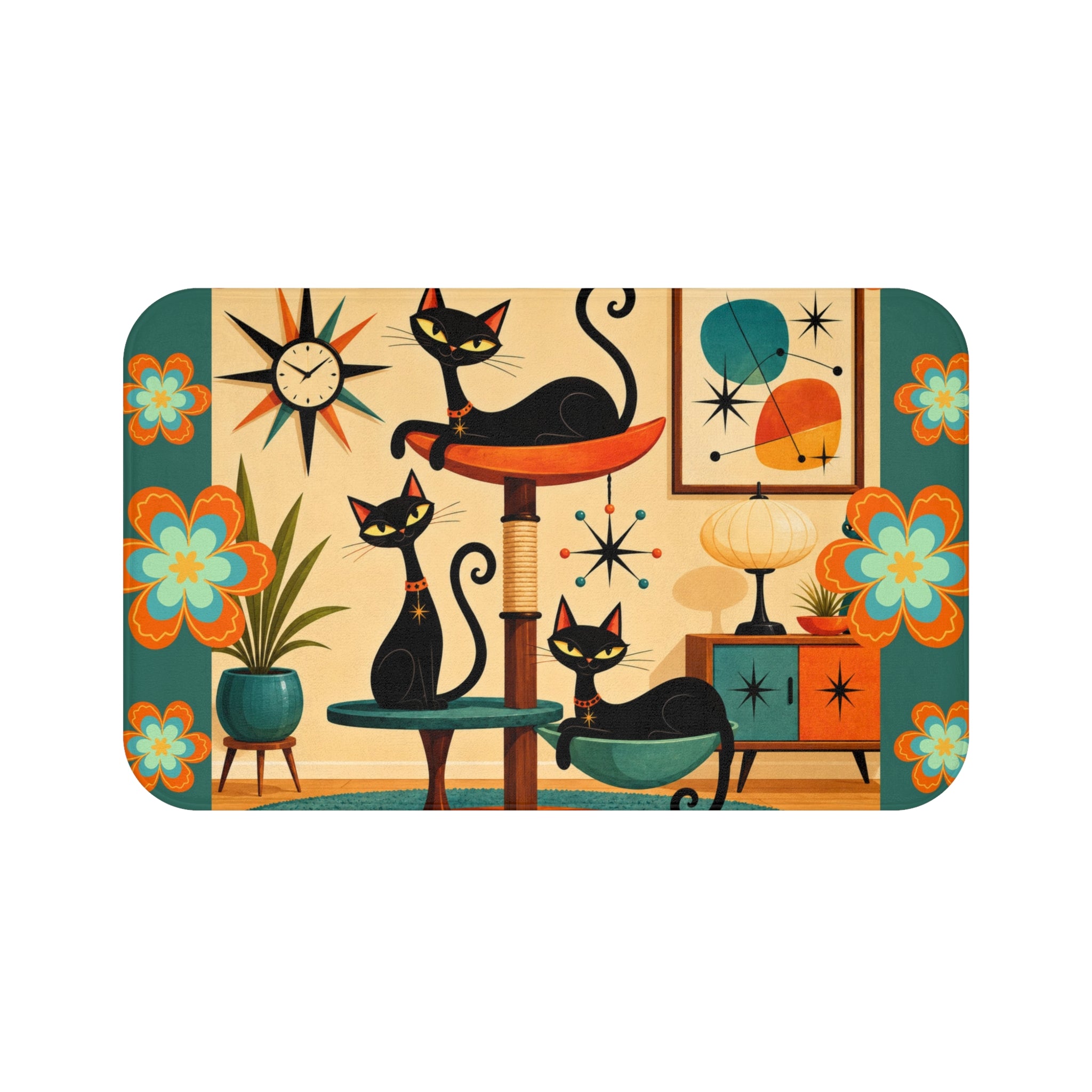 Mid Century Black Cats Bath Mat | Retro Atomic Floral Home Decor