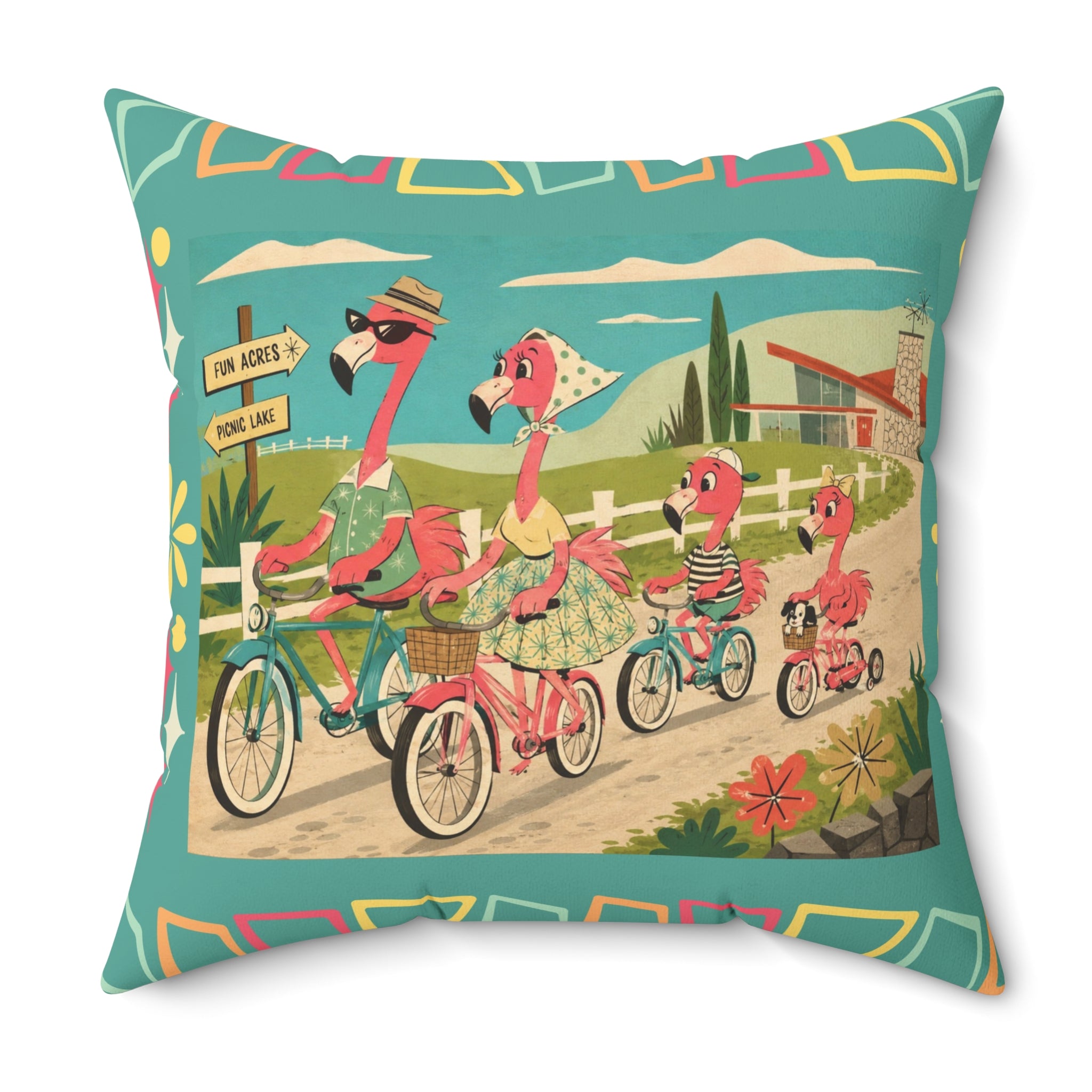 MCM Flamingo Family Biking Spun Polyester Pillow | Retro Tropical Bicycle Scene