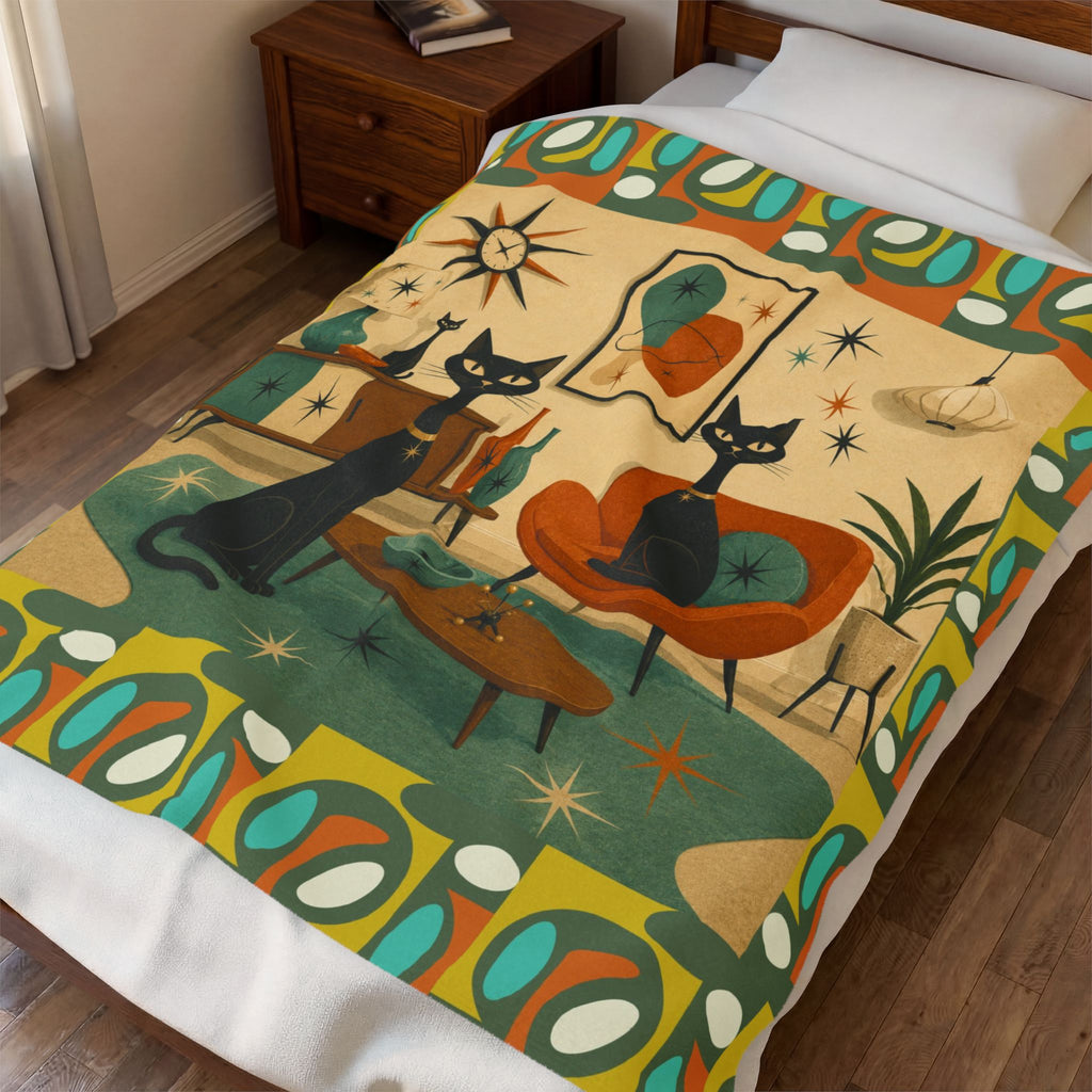 Mid Century Retro Atomic Black Cats Velveteen Plush Blanket | Vintage Atomic Living Room