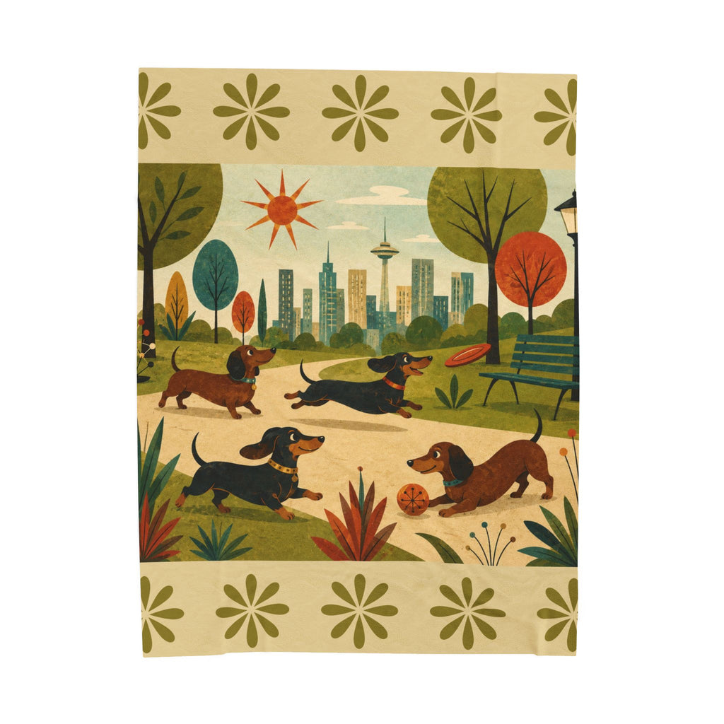 MCM Dachshund Park Scene Velveteen Plush Blanket | Retro City Park Dogs