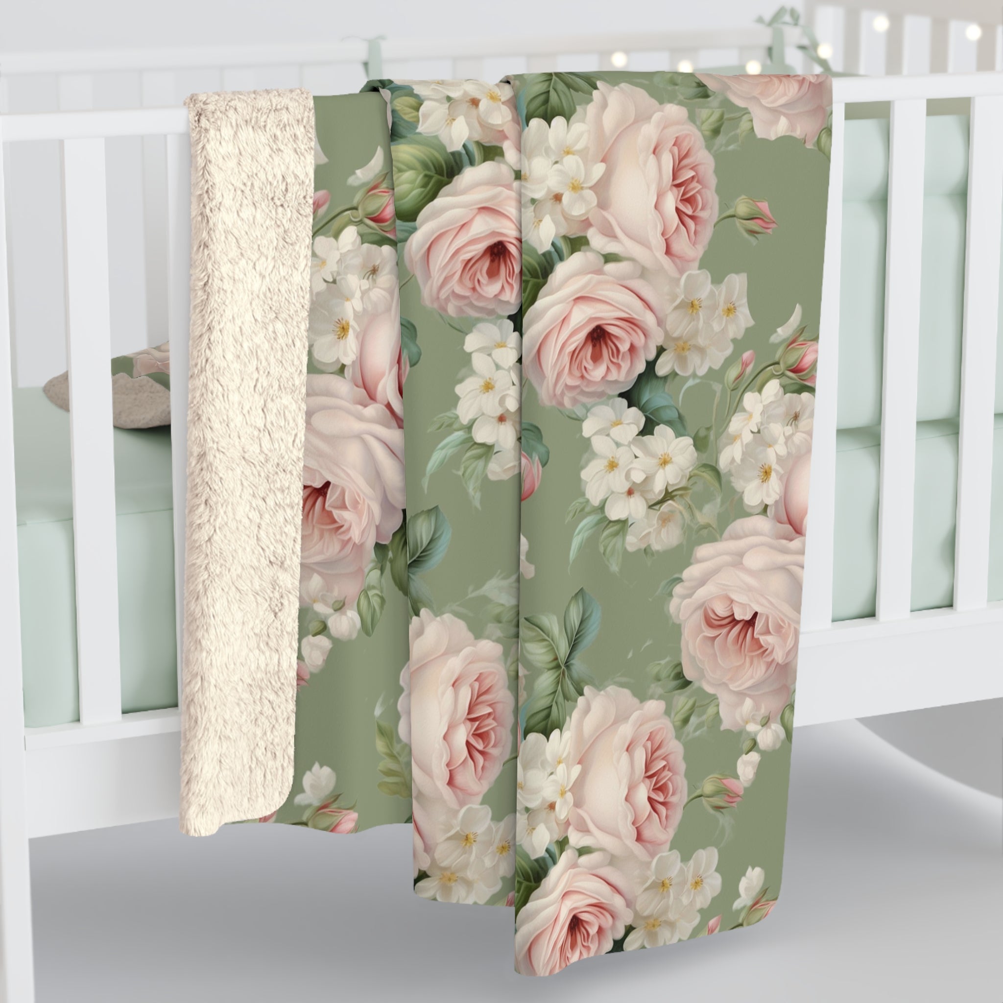 Pink vintage rose with green background Sherpa Fleece Blanket, Farmhouse decor, Shabby chic, country cottage, throw couch blanket