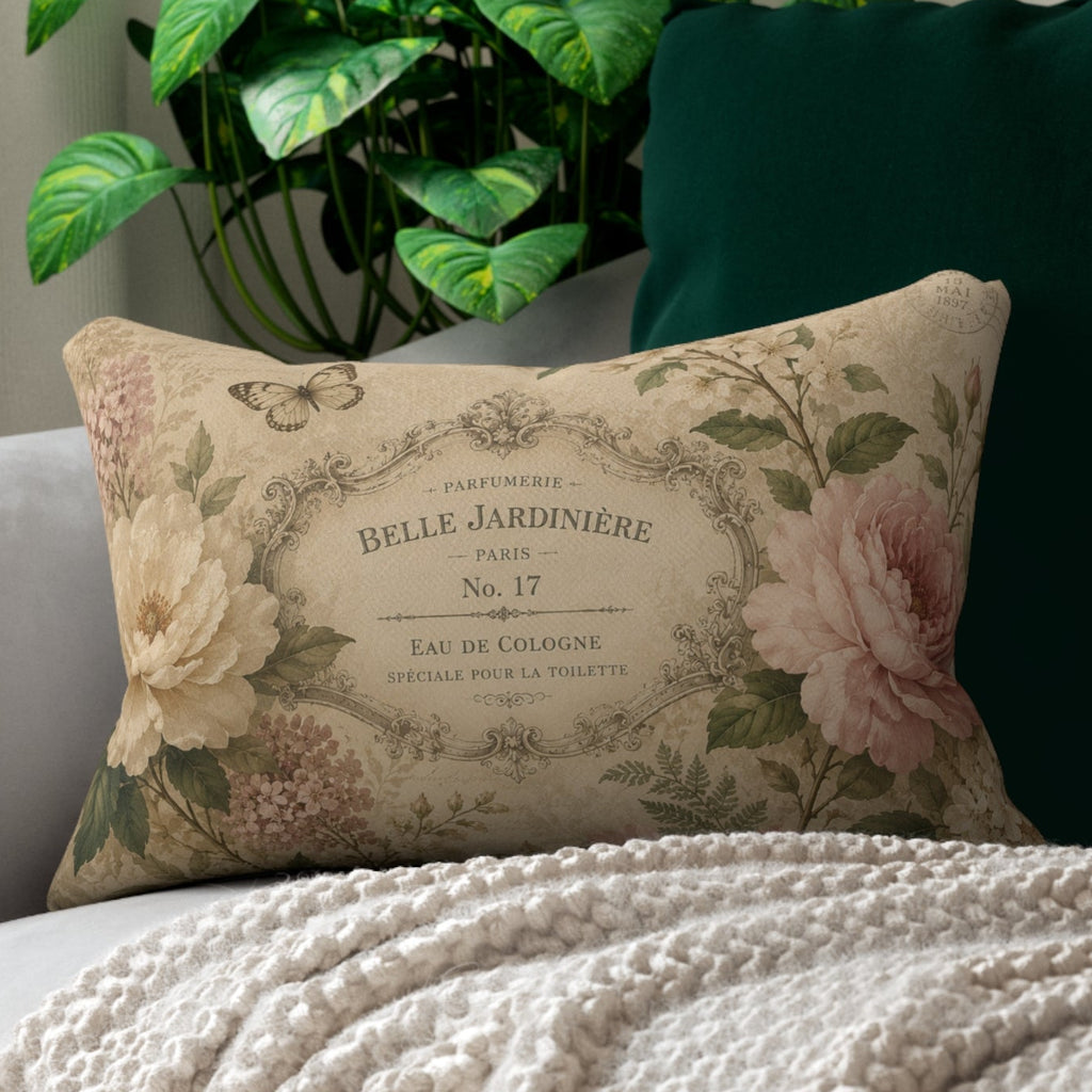 Vintage Floral Paris Label Lumbar Pillow | Shabby Chic Rose Cushion
