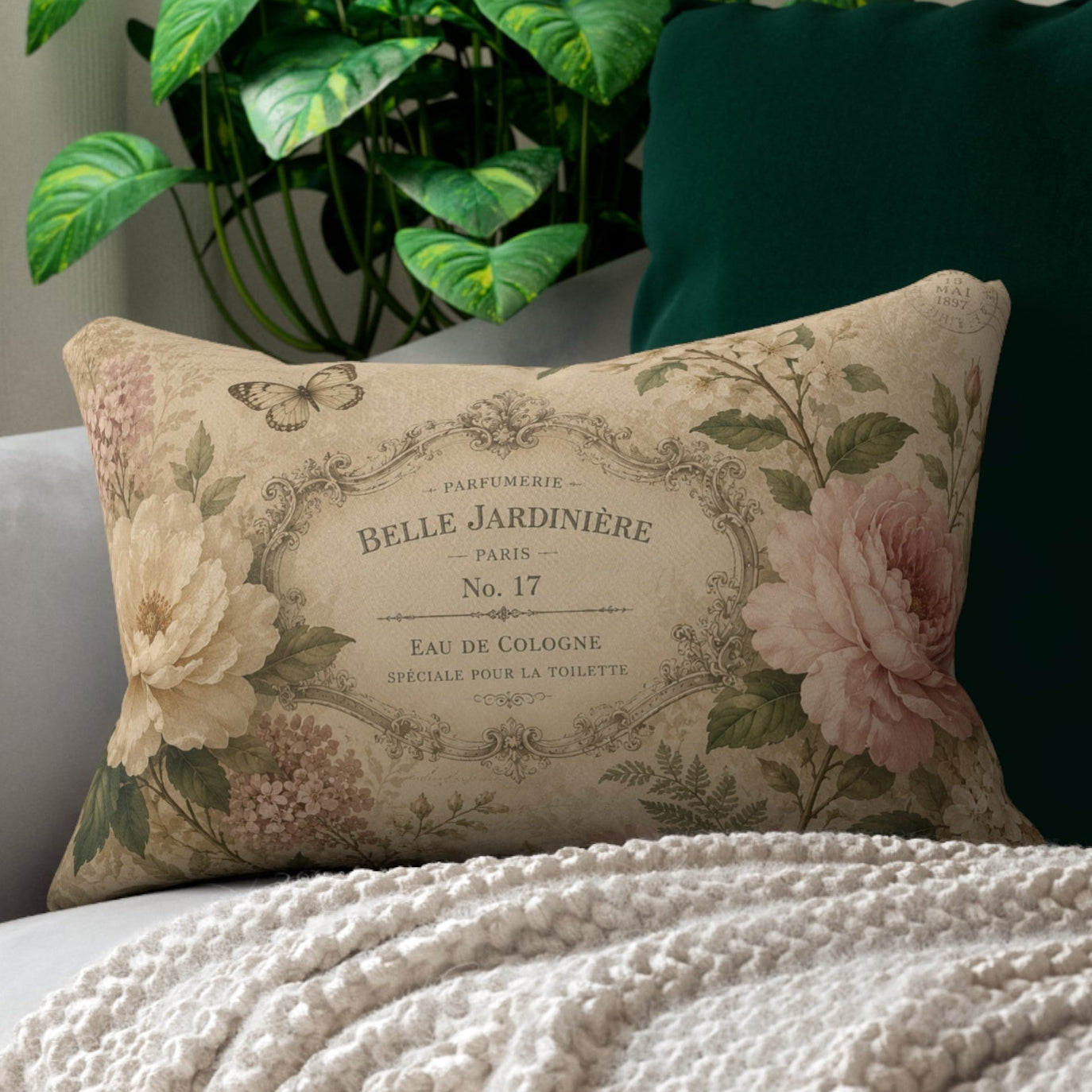 Vintage Floral Paris Label Lumbar Pillow | Shabby Chic Rose Cushion