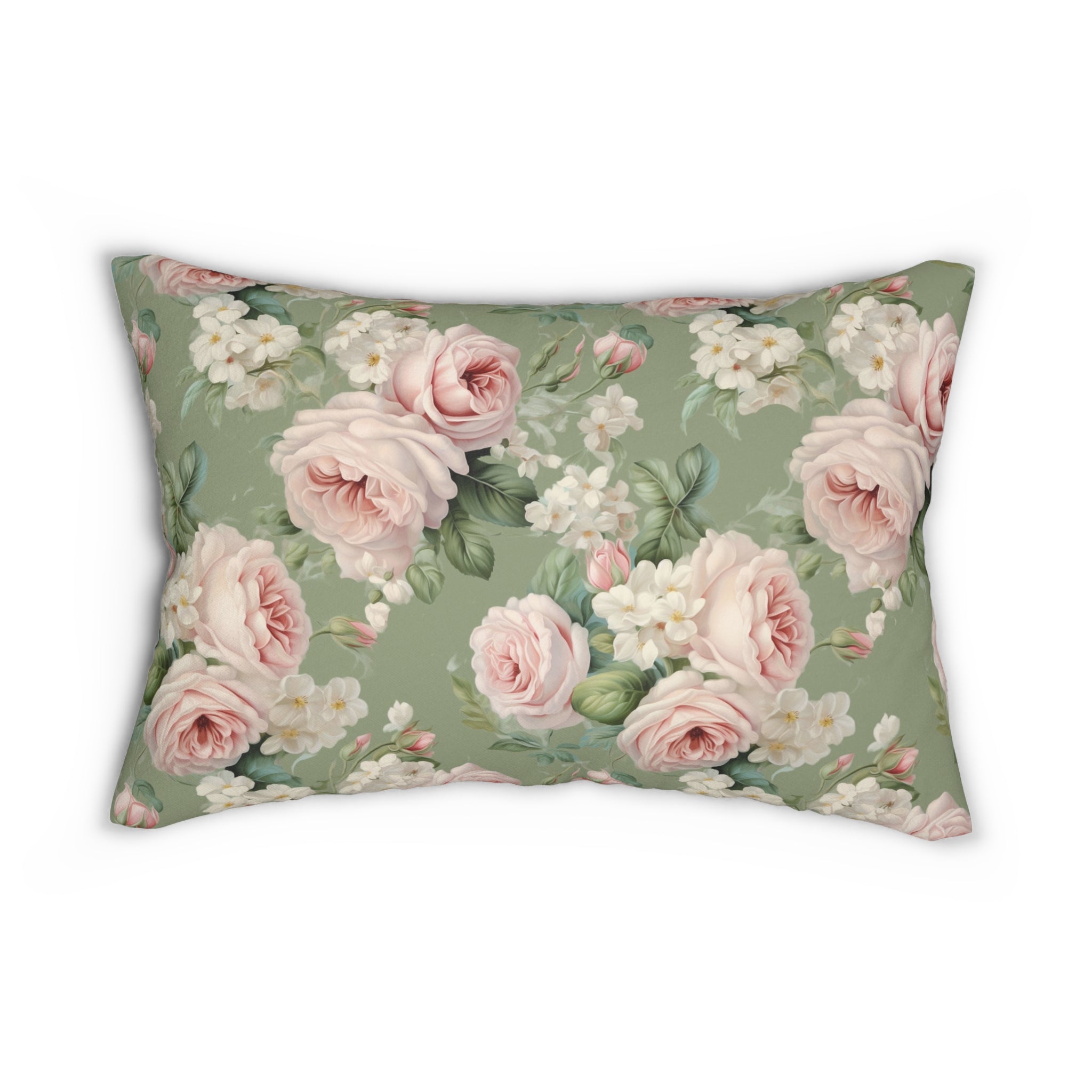 Pink vintage rose with green background Spun Polyester Lumbar Pillow, Farmhouse decor, Shabby chic, chic throw pillow, scatter cushion