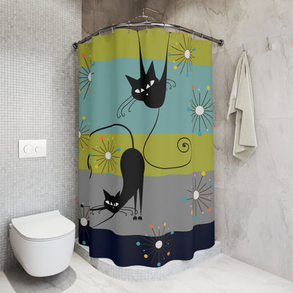 MCM Starburst atomic cat art Shower Curtain, vintage inspired, retro bathroom decor