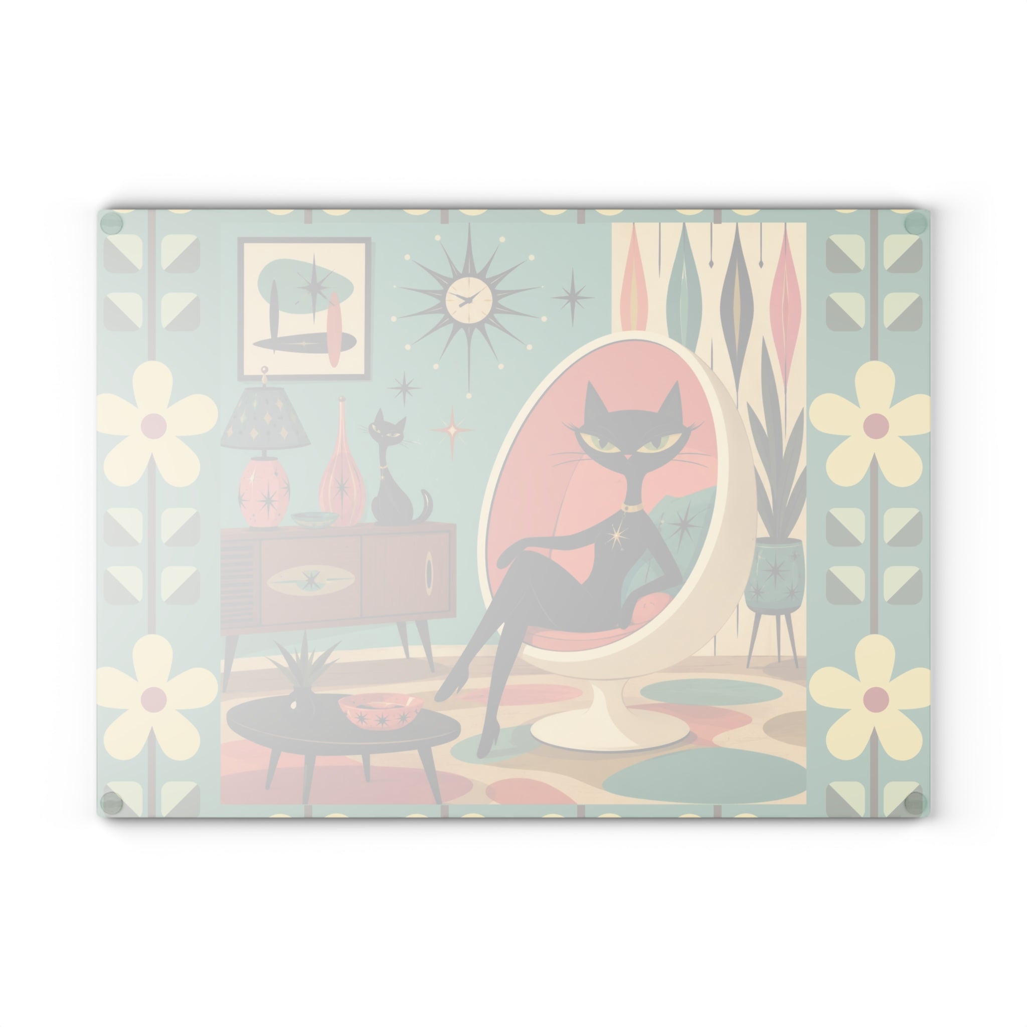 Retro Lounge Atomic Cat Glass Cutting Board | Mid Century Modern Kitchen Decor