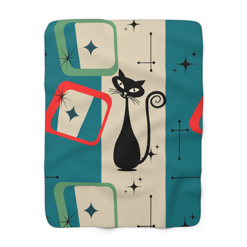 Atomic cat retro Sherpa Fleece Blanket, mid mod blanket, MCM throw blanket, soft cozy snuggle rug, Kitschy 50s 60s, black cat lover gift