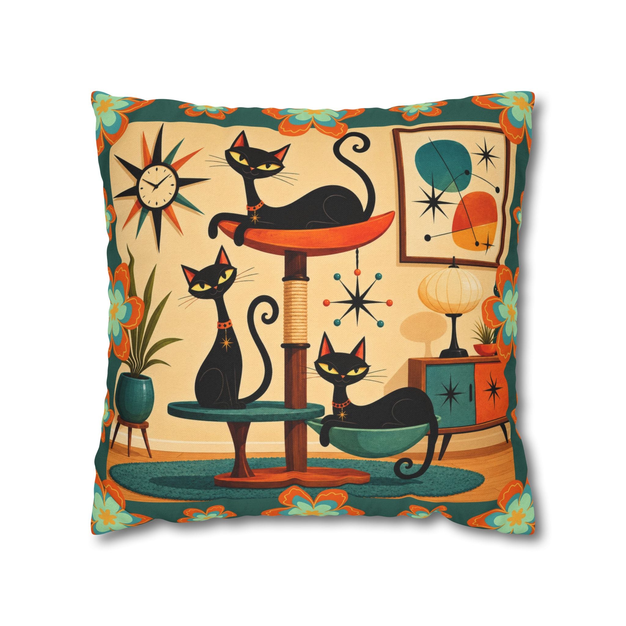 Retro Mid Century Atomic Cats pillowcase | Square Pillowcase - COVER ONLY
