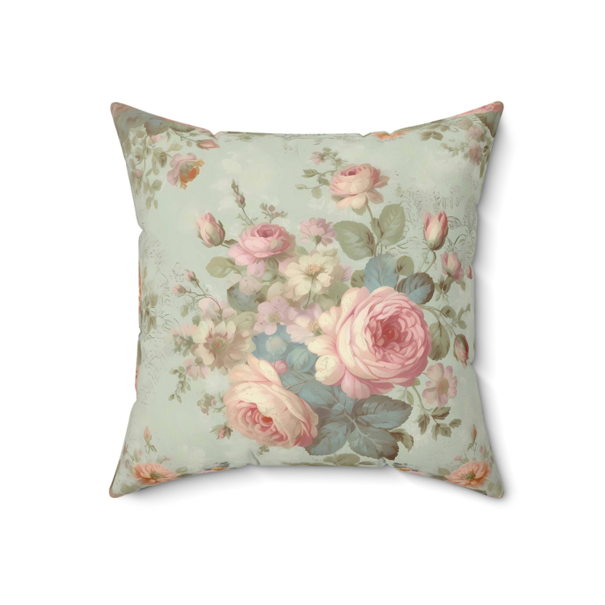 Pink roses mid tone background (blue, grey, green) shabby chic style Spun Polyester Square Pillow