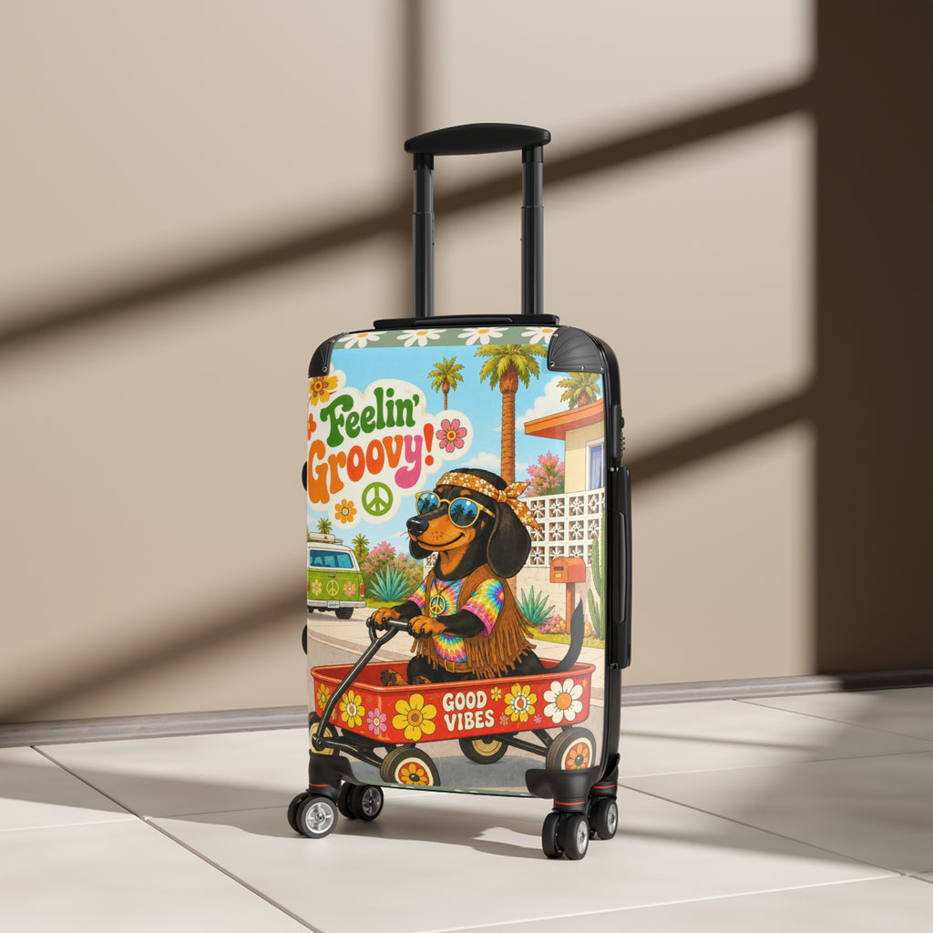 Feelin' Groovy Dachshund in Wagon Suitcase | Retro Hippie Good Vibes Travel Luggage