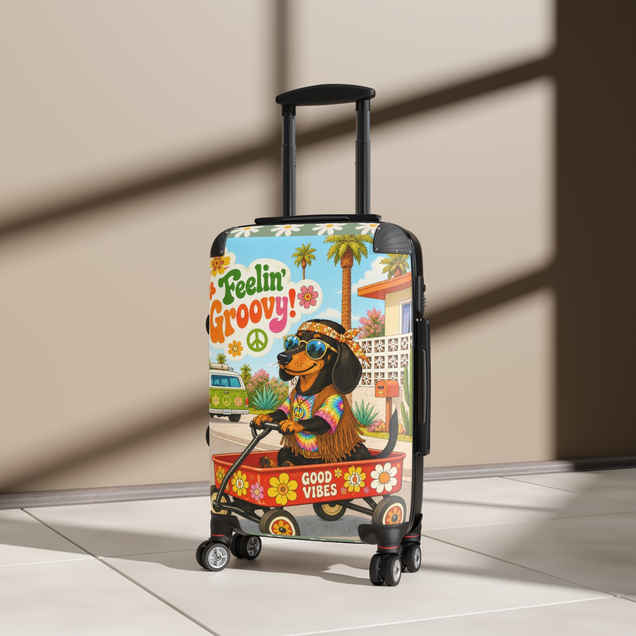 Feelin' Groovy Dachshund in Wagon Suitcase | Retro Hippie Good Vibes Travel Luggage