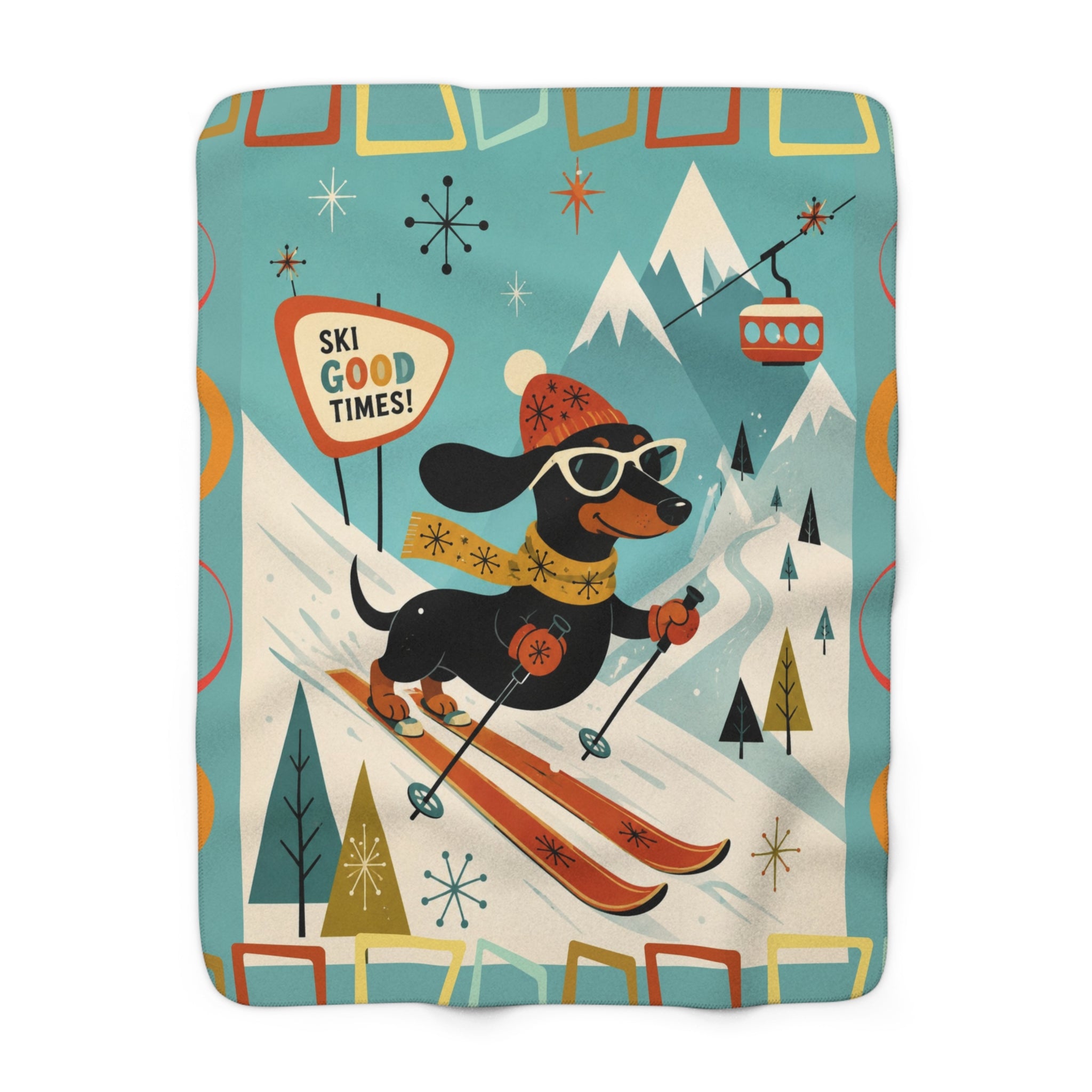 Skiing Dachshund Dog MCM Sherpa Fleece Blanket | Retro Winter Lodge Design