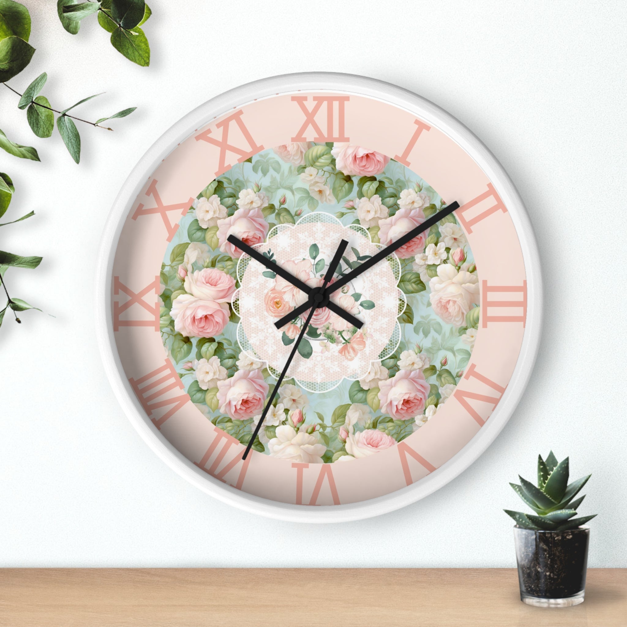 Shabby chic inspired pink rose Wall Clock, kitchen living room bedroom wall clock, silent mechanism
